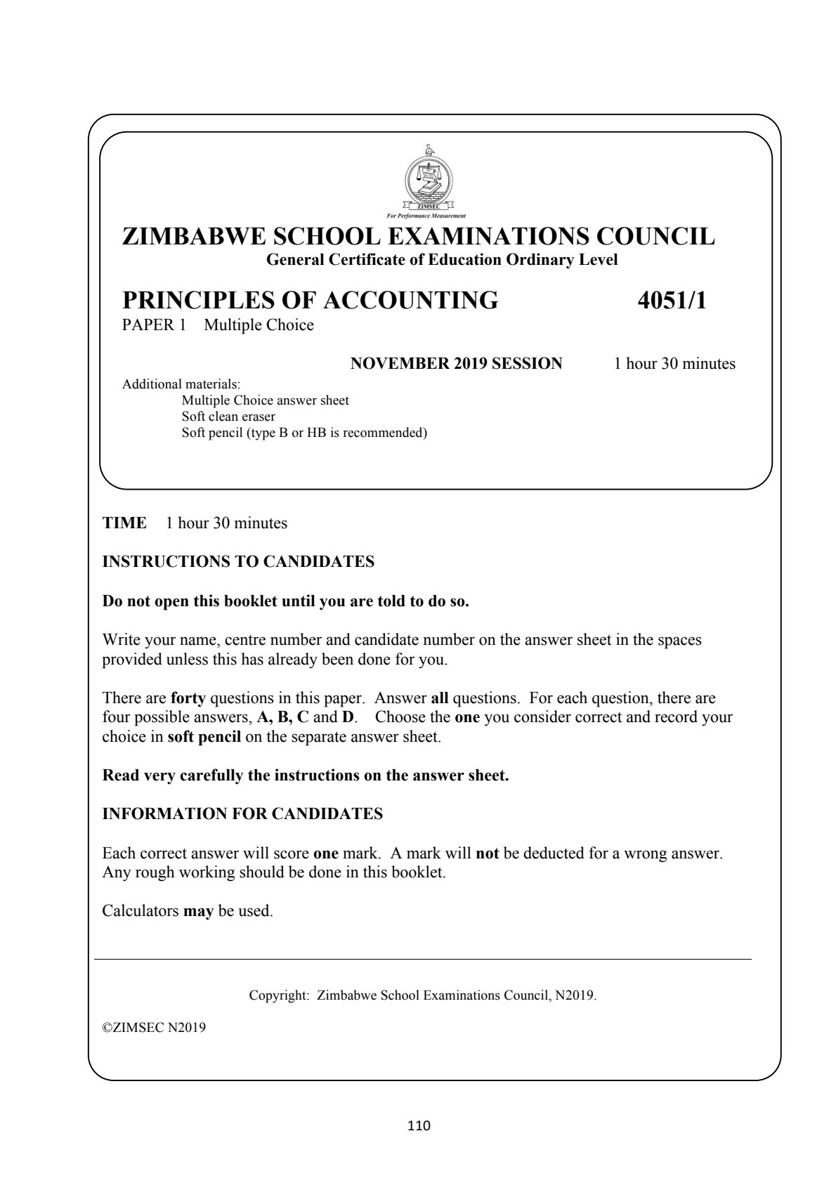 First page of ZIMSEC O-Level Principles of Accounts Paper 1 November 2019 Question Paper