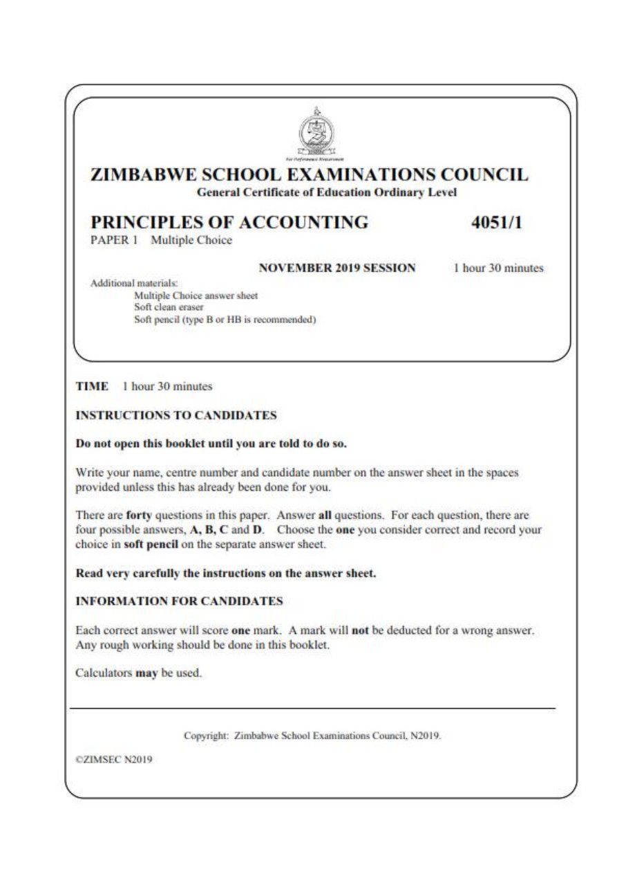 First page of ZIMSEC O-Level Principles of Accounts Paper 1 November 2019 Question Paper