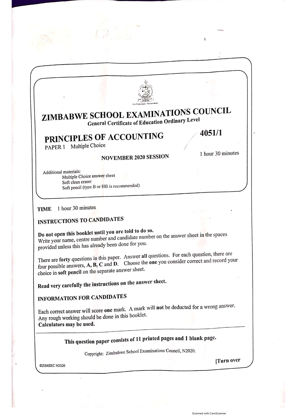 First page of ZIMSEC O-Level Principles of Accounts Paper 1 November 2020 Question Paper