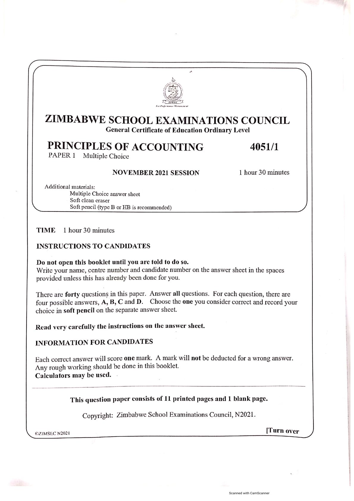 First page of ZIMSEC O-Level Principles of Accounts Paper 1 November 2021 Question Paper