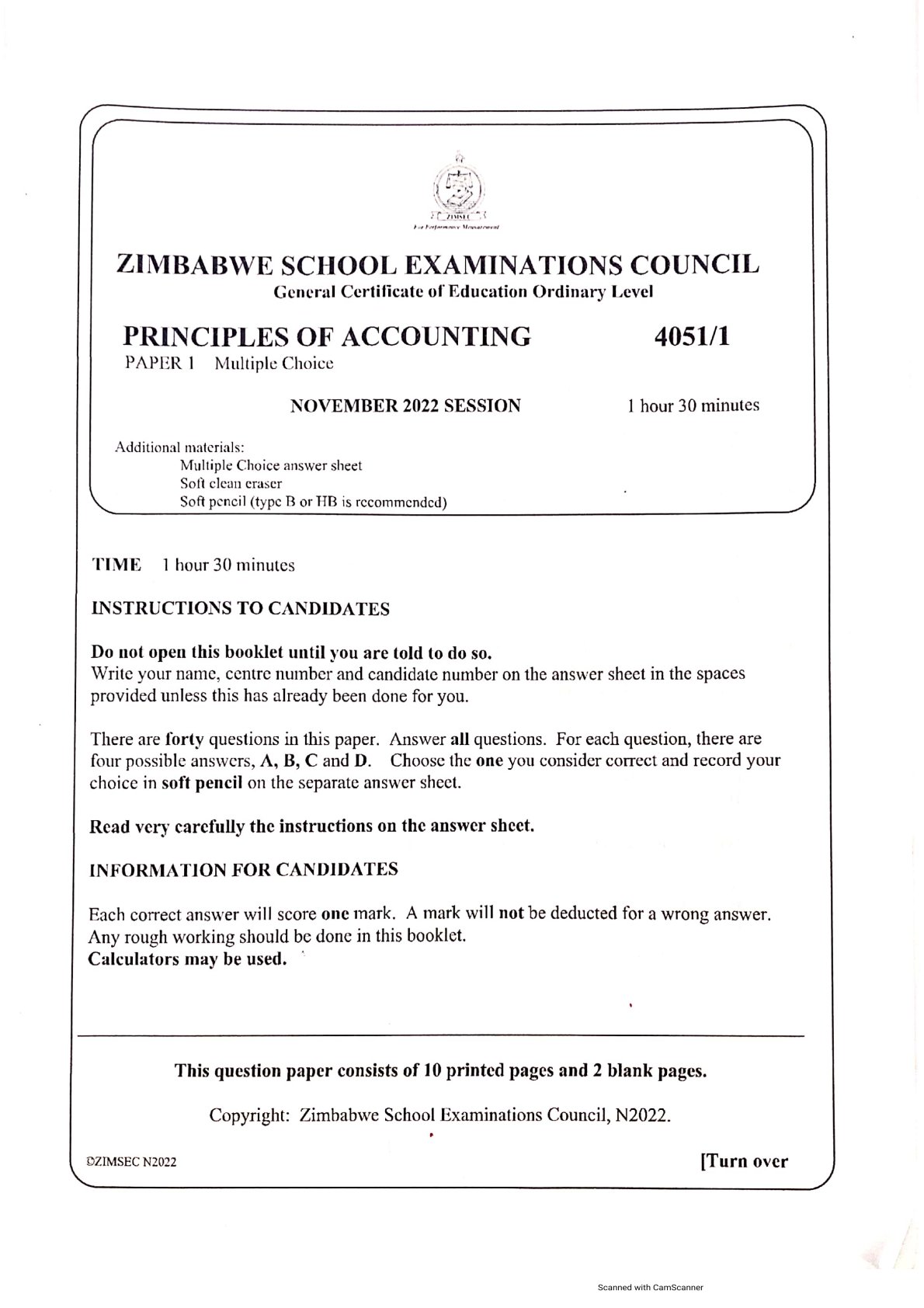 First page of ZIMSEC O-Level Principles of Accounts Paper 1 November 2022 Question Paper