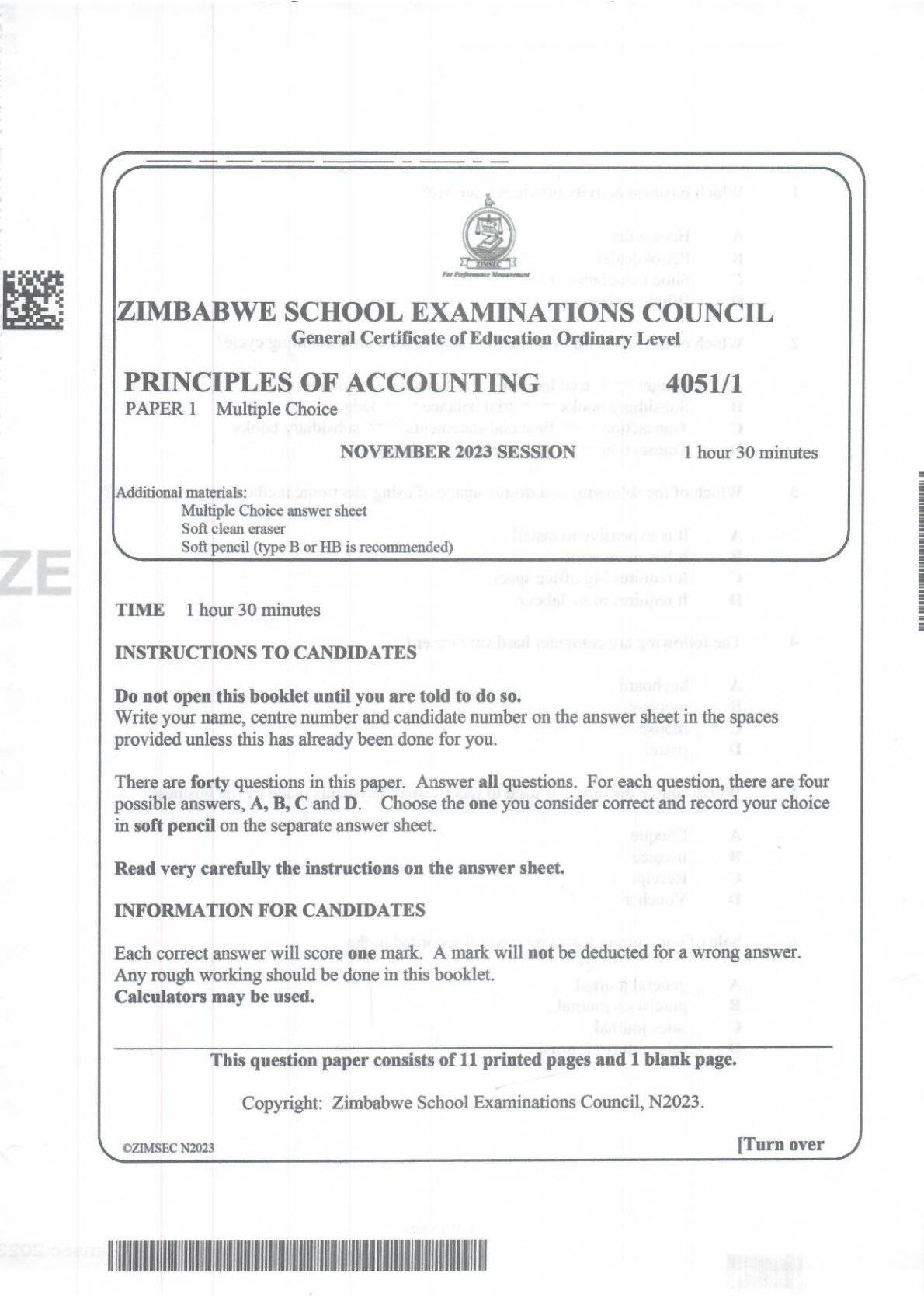 First page of ZIMSEC O-Level Principles of Accounts Paper 1 November 2023 Question Paper