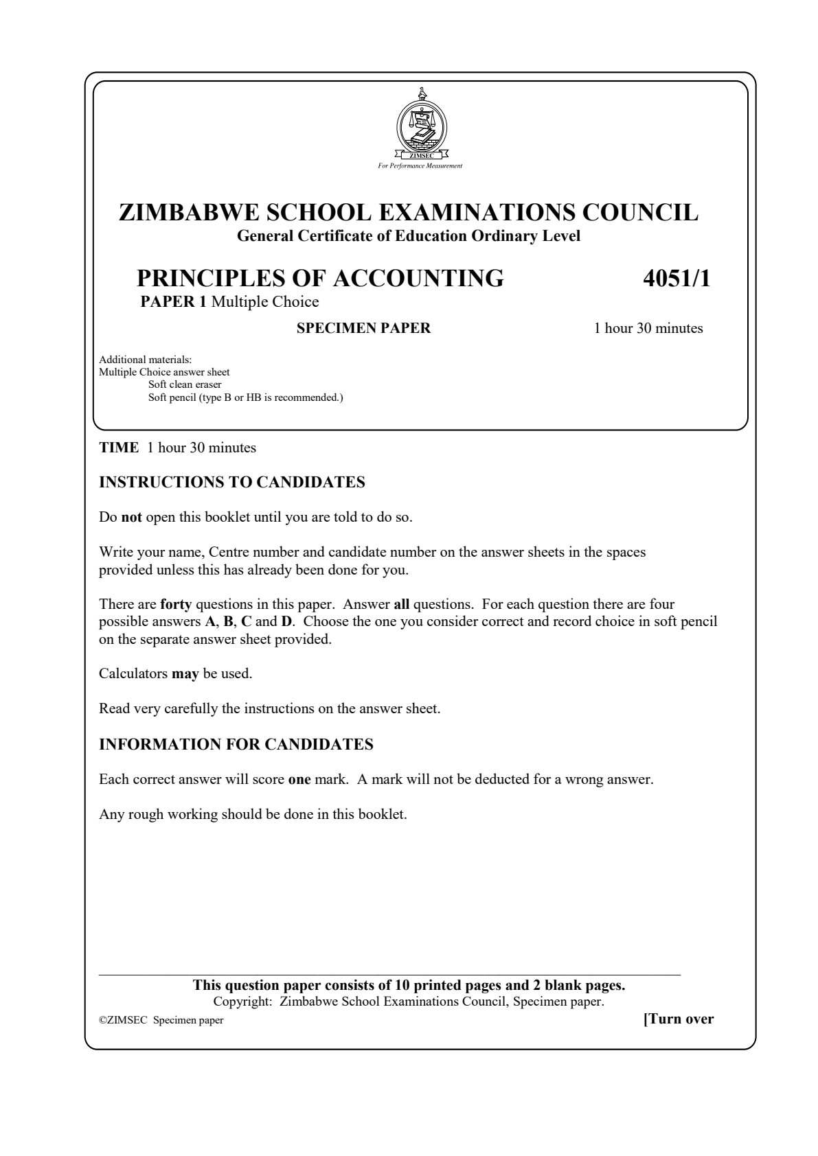 First page of ZIMSEC O-Level Principles of Accounts Paper 1 Specimen Question Paper