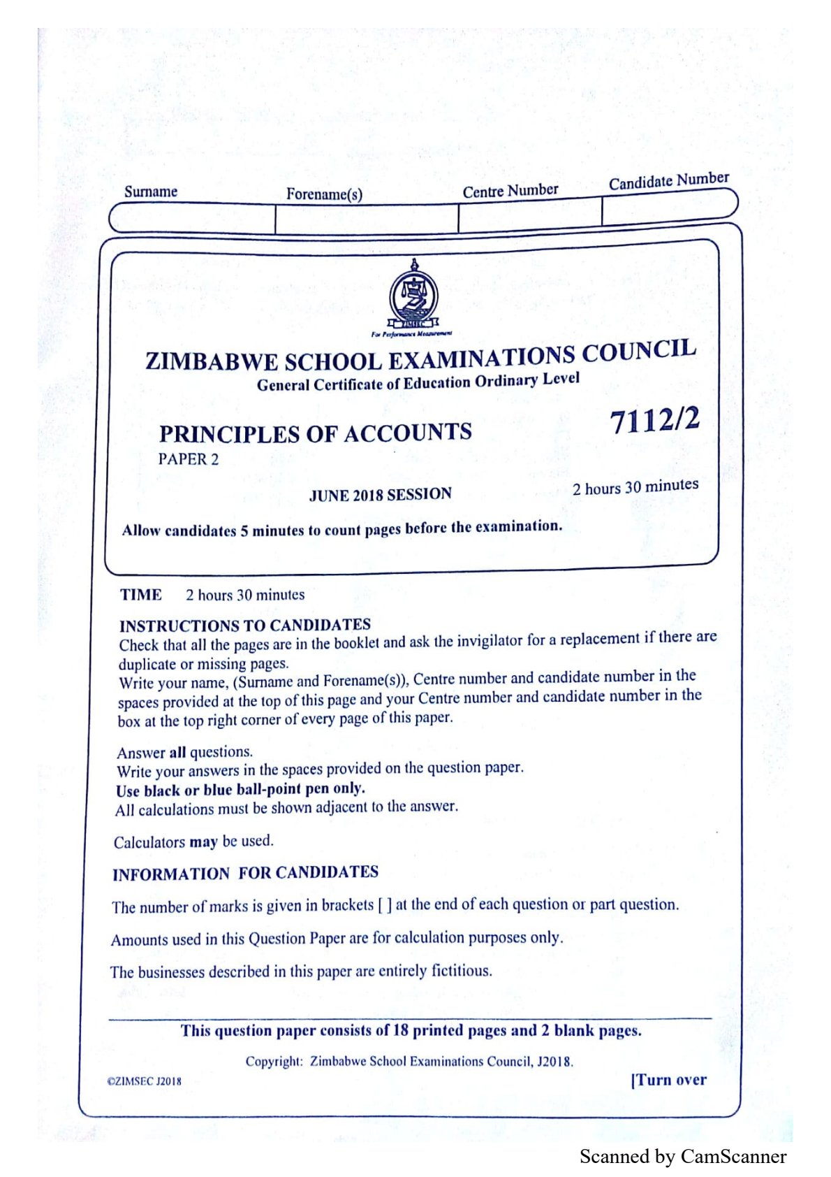 First page of ZIMSEC O-Level Principles of Accounts Paper 2 June 2018 Question Paper