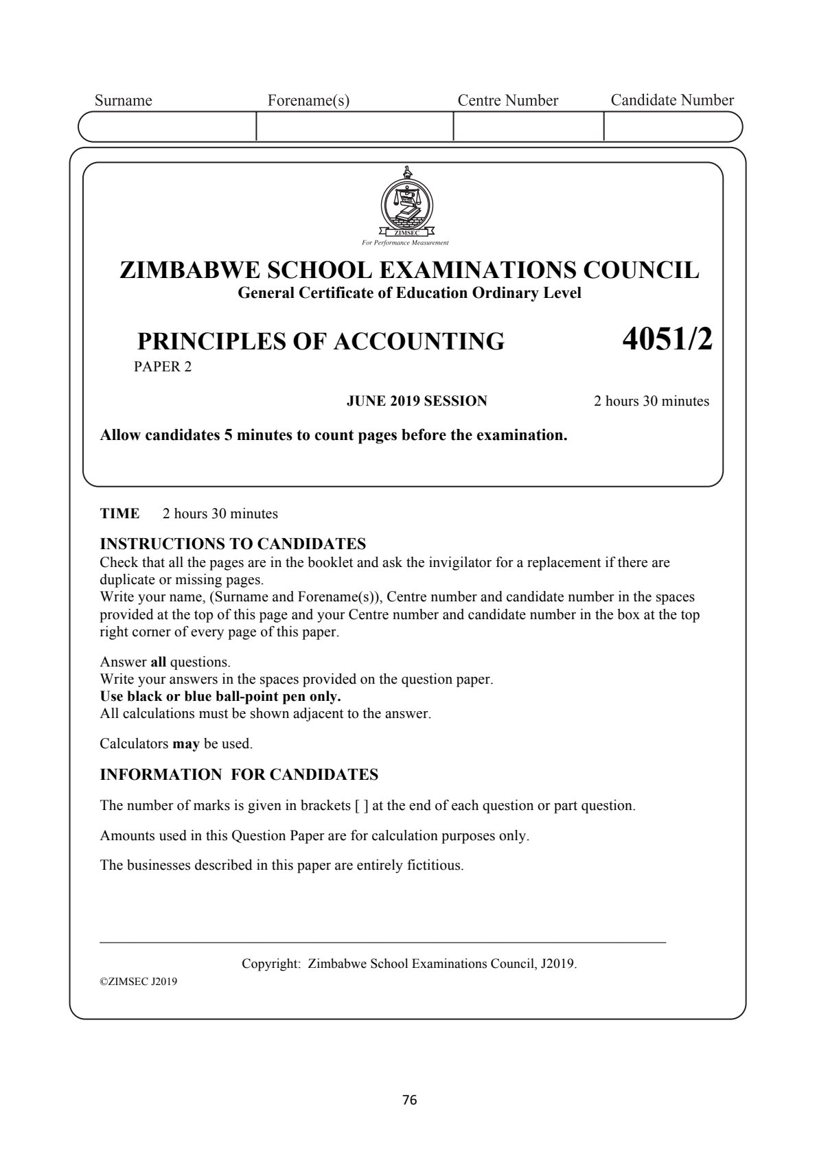 First page of ZIMSEC O-Level Principles of Accounts Paper 2 June 2019 Question Paper