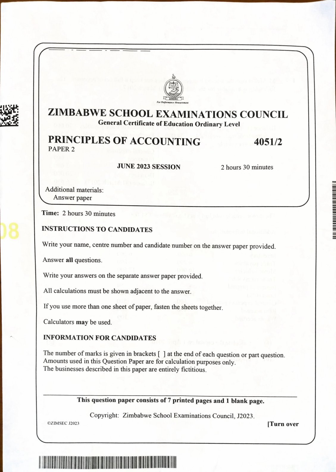 First page of ZIMSEC O-Level Principles of Accounts Paper 2 June 2023 Question Paper