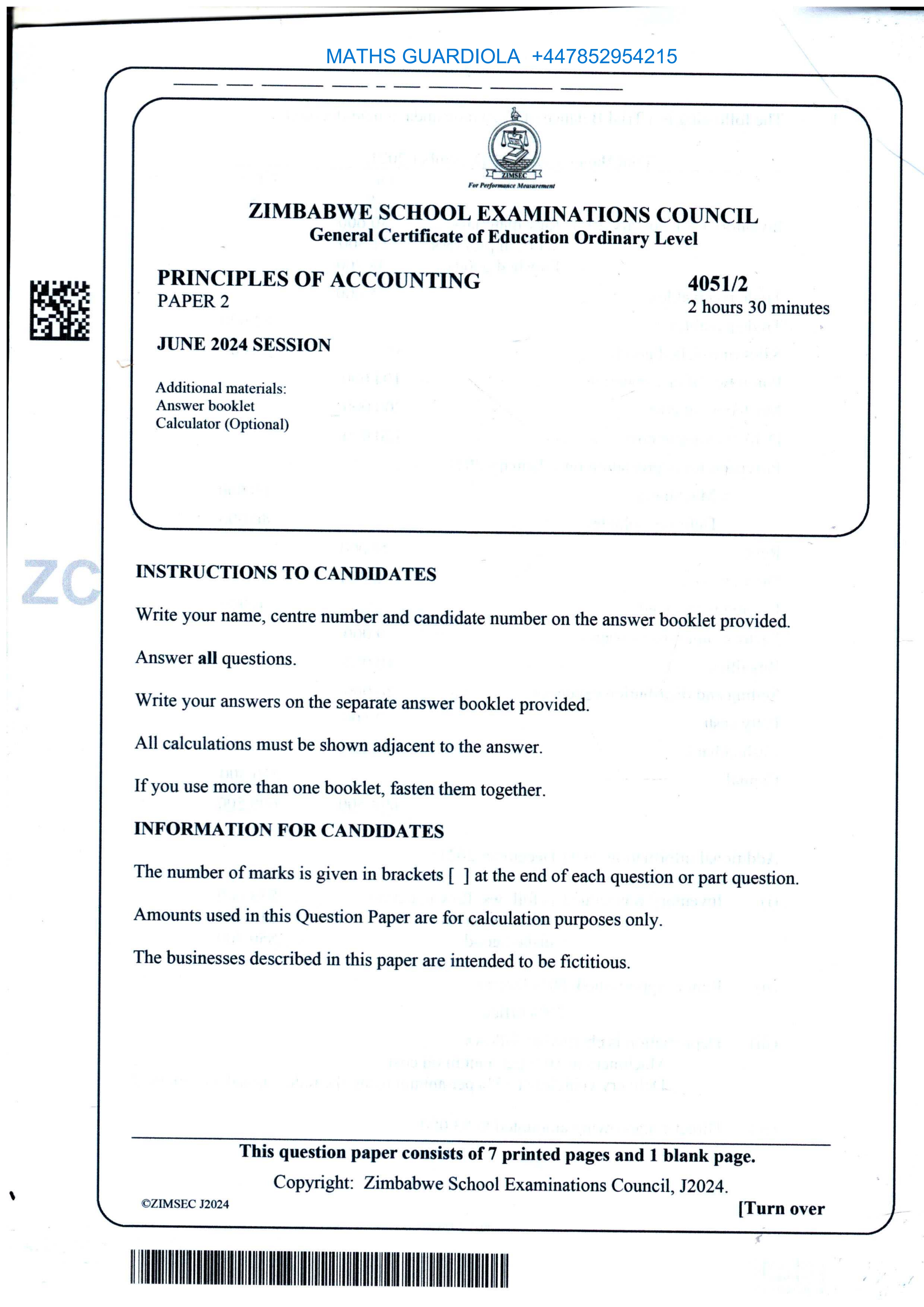First page of ZIMSEC O-Level Principles of Accounts Paper 2 June 2024 Question Paper