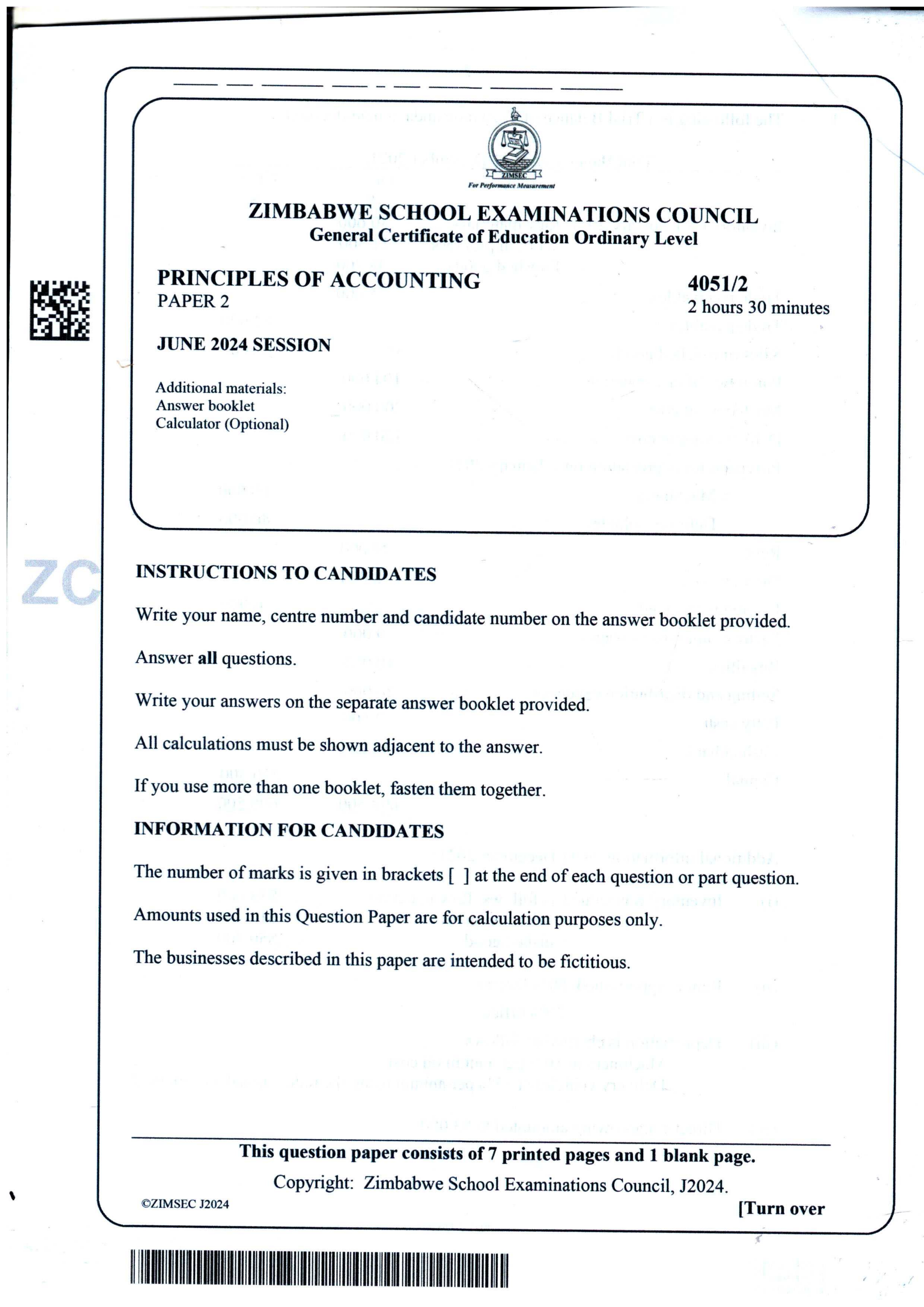 First page of ZIMSEC O-Level Principles of Accounts Paper 2 June 2024 Question Paper