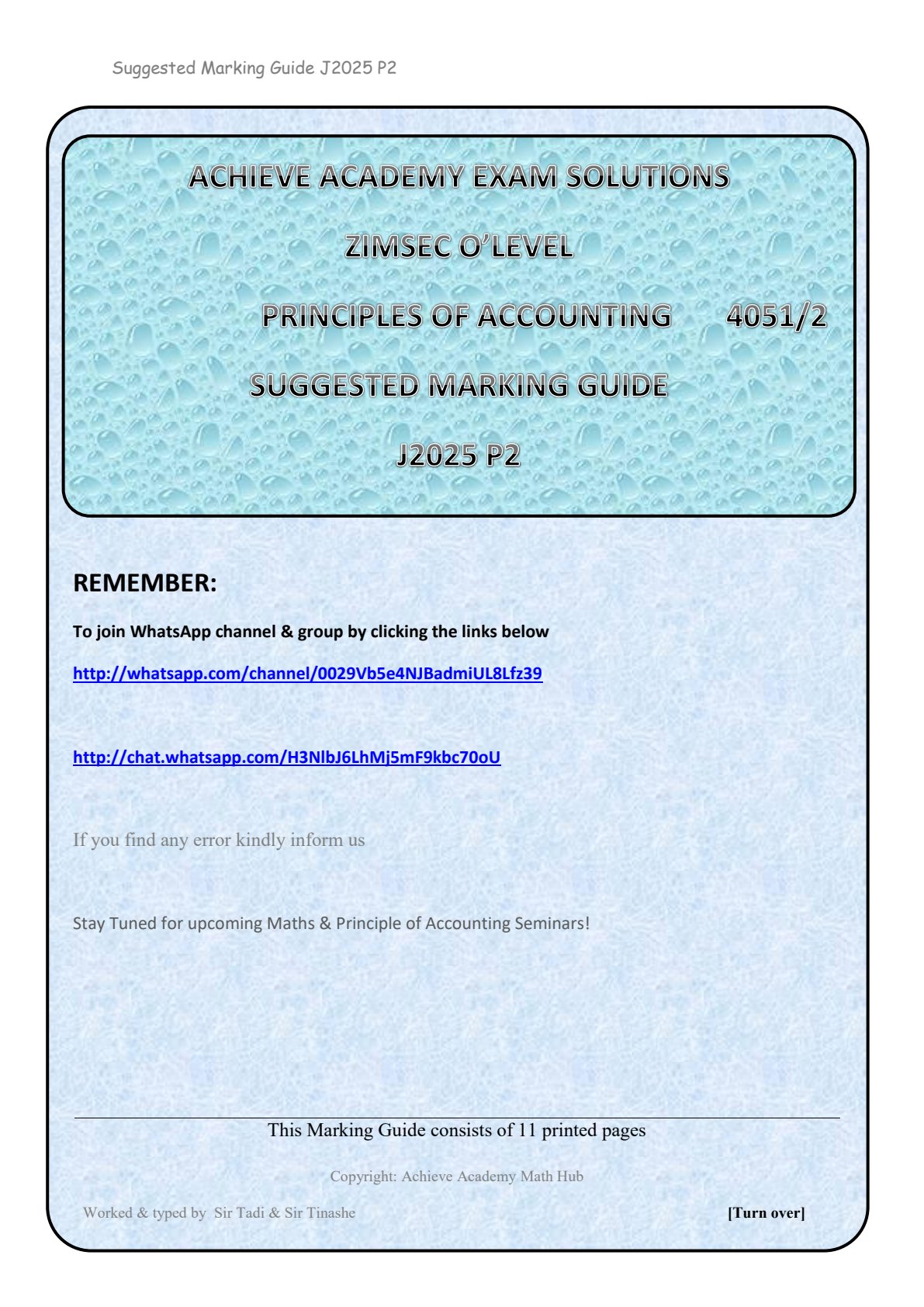 First page of ZIMSEC O-Level Principles of Accounts Paper 2 June 2025 Marking Scheme