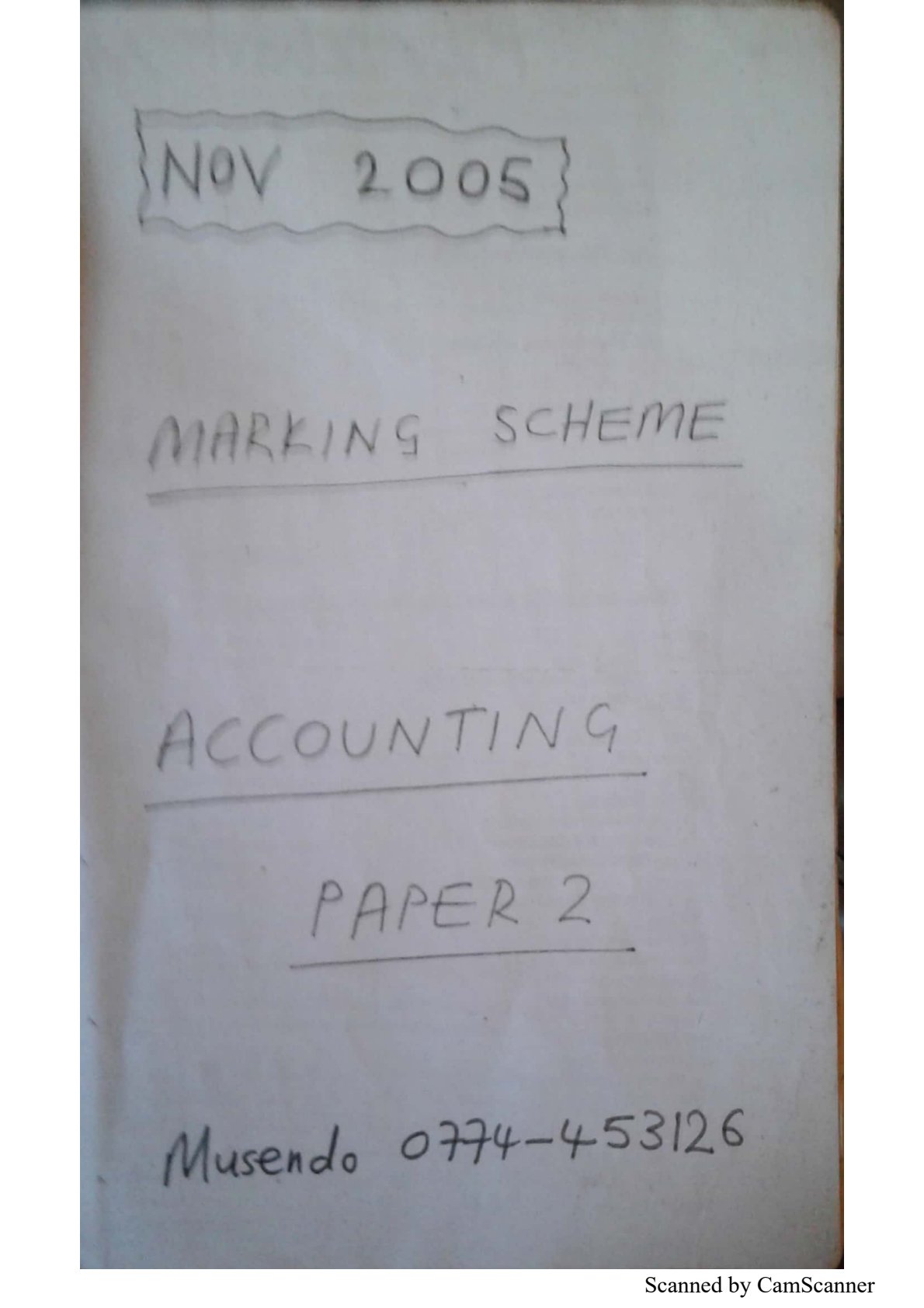 First page of ZIMSEC O-Level Principles of Accounts Paper 2 November 2005 Marking Scheme