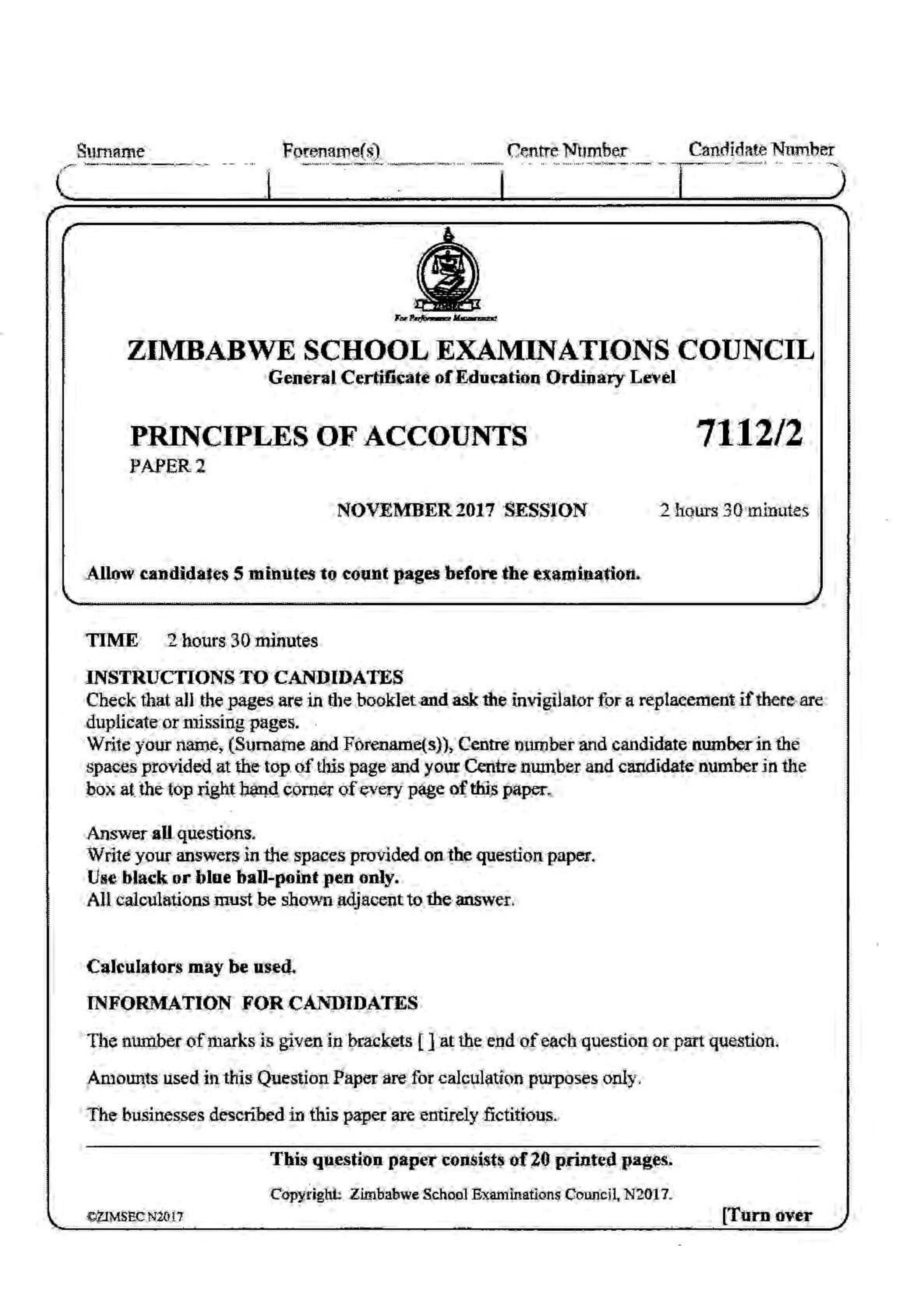 First page of ZIMSEC O-Level Principles of Accounts Paper 2 November 2017 Question Paper