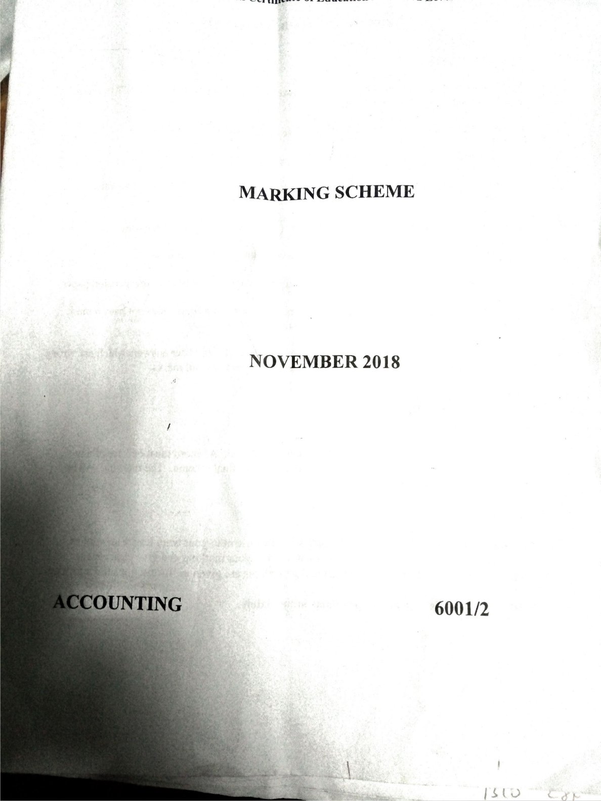 First page of ZIMSEC O-Level Principles of Accounts Paper 2 November 2018 Marking Scheme