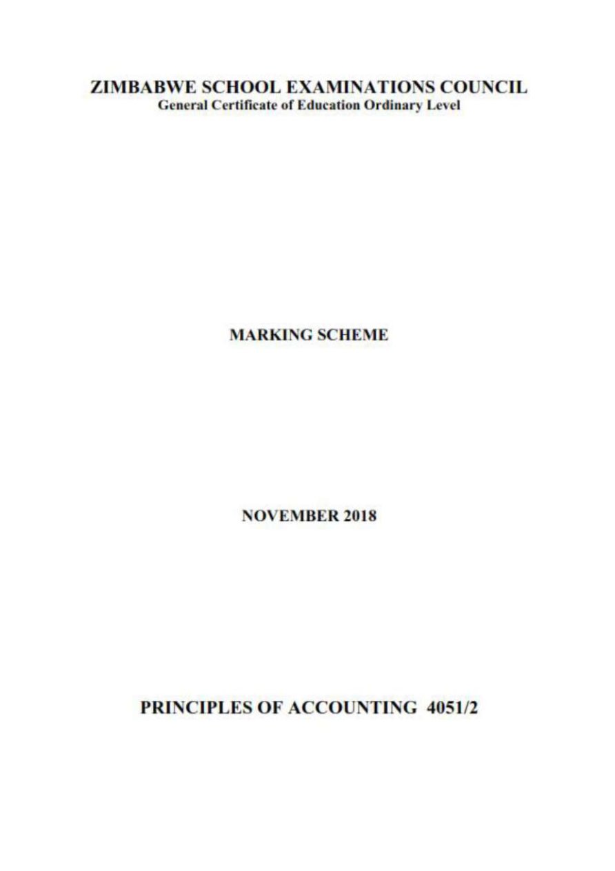 First page of ZIMSEC O-Level Principles of Accounts Paper 2 November 2018 Marking Scheme