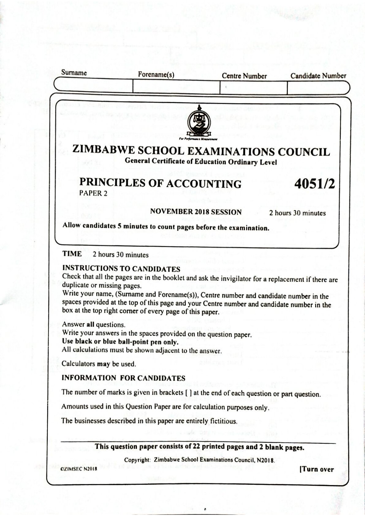 First page of ZIMSEC O-Level Principles of Accounts Paper 2 November 2018 Question Paper