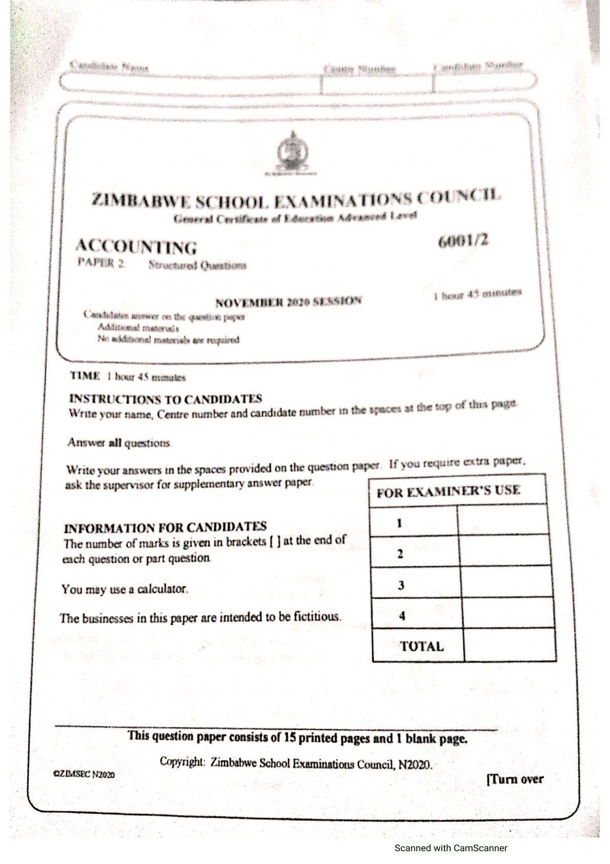 First page of ZIMSEC O-Level Principles of Accounts Paper 2 November 2020 Question Paper
