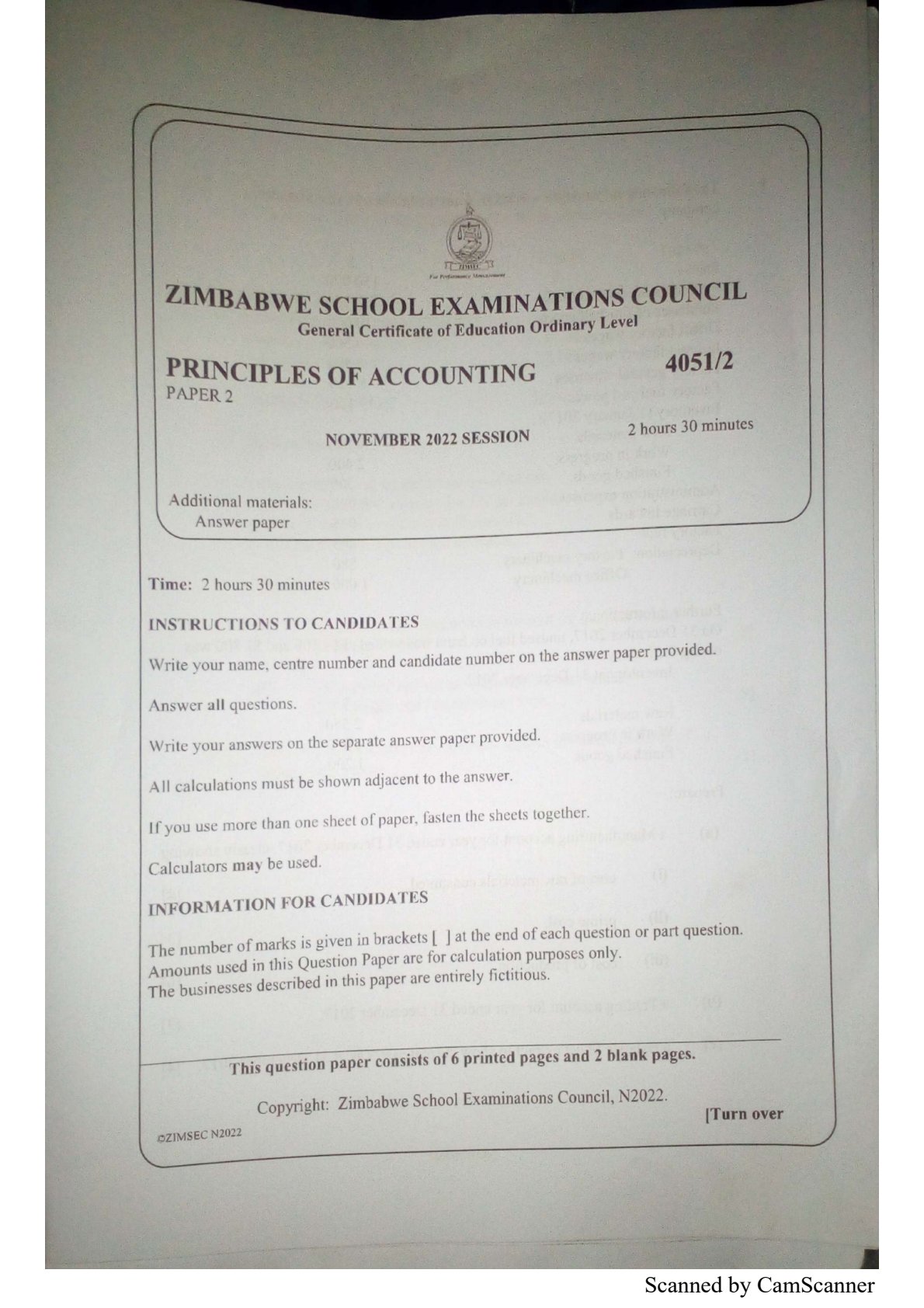 First page of ZIMSEC O-Level Principles of Accounts Paper 2 November 2022 Question Paper