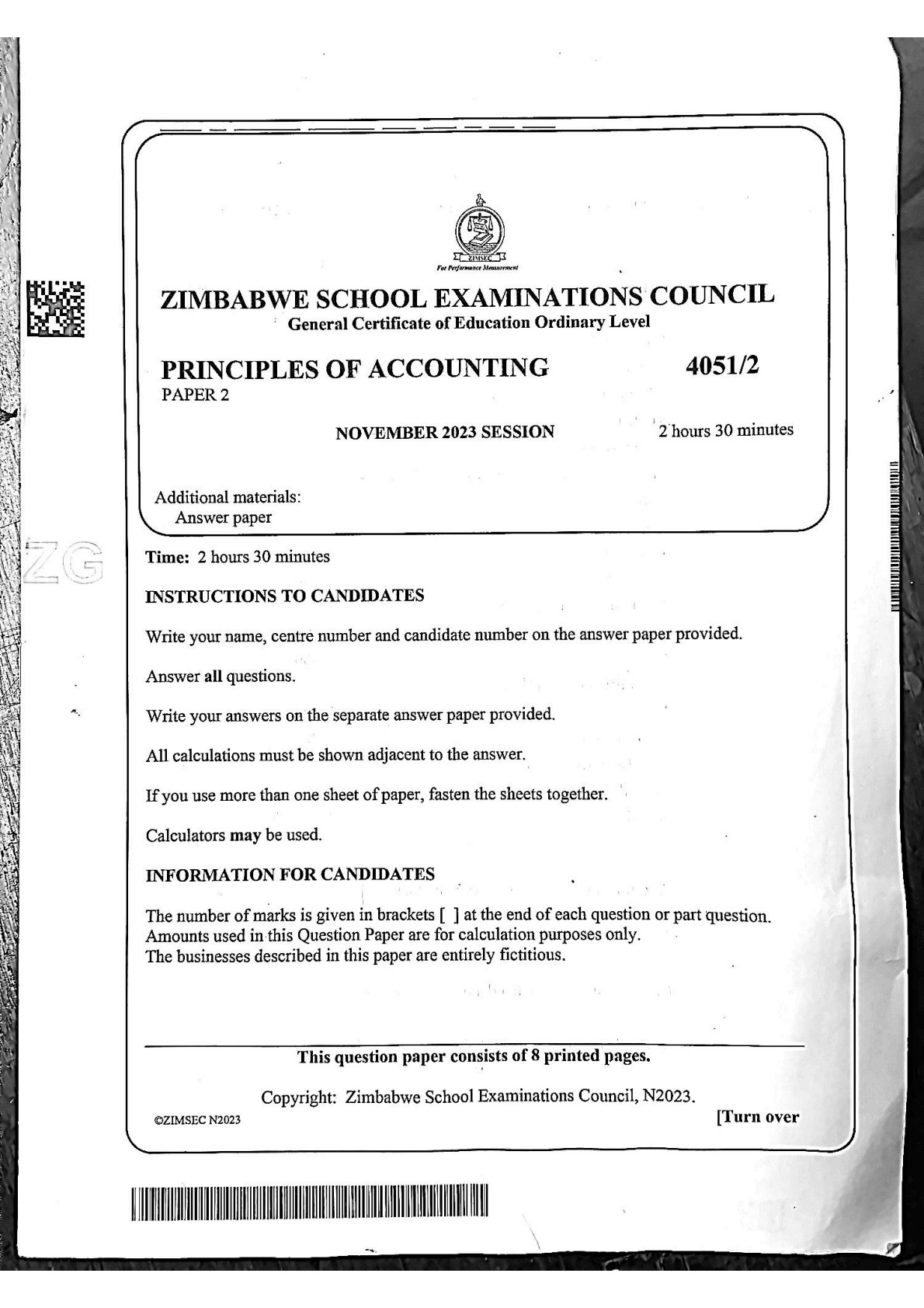 First page of ZIMSEC O-Level Principles of Accounts Paper 2 November 2023 Question Paper