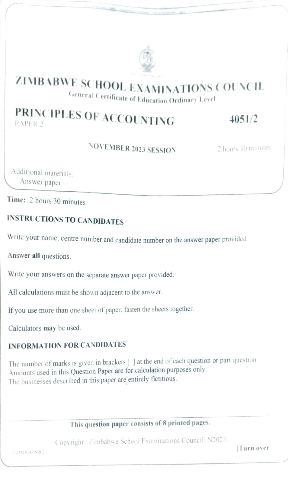 First page of ZIMSEC O-Level Principles of Accounts Paper 2 November 2023 Question Paper