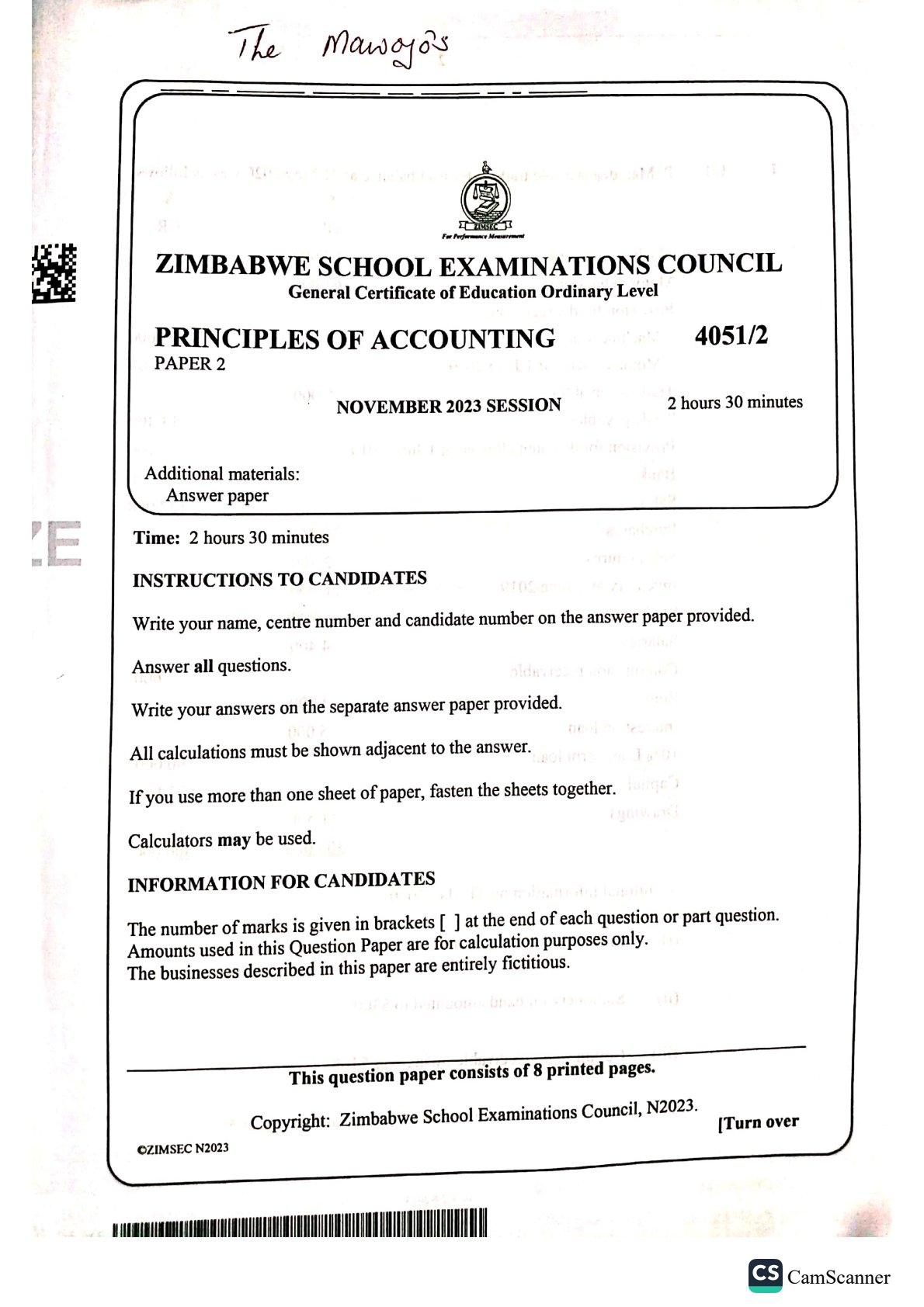 First page of ZIMSEC O-Level Principles of Accounts Paper 2 November 2023 Question Paper