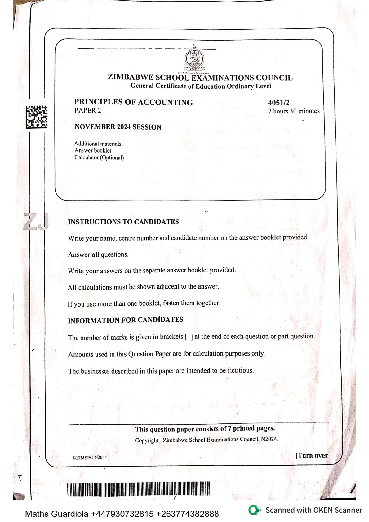 First page of ZIMSEC O-Level Principles of Accounts Paper 2 November 2024 Question Paper