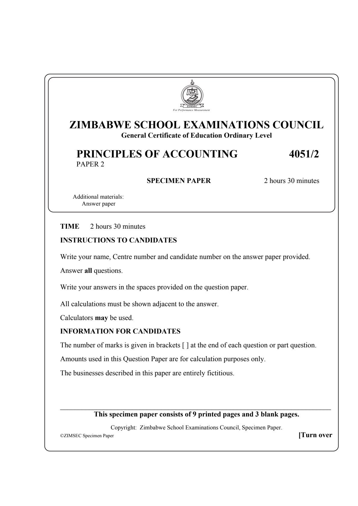 First page of ZIMSEC O-Level Principles of Accounts Paper 2 Question Paper