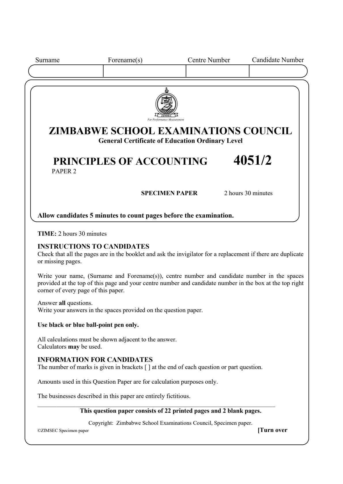 First page of ZIMSEC O-Level Principles of Accounts Paper 2 Question Paper