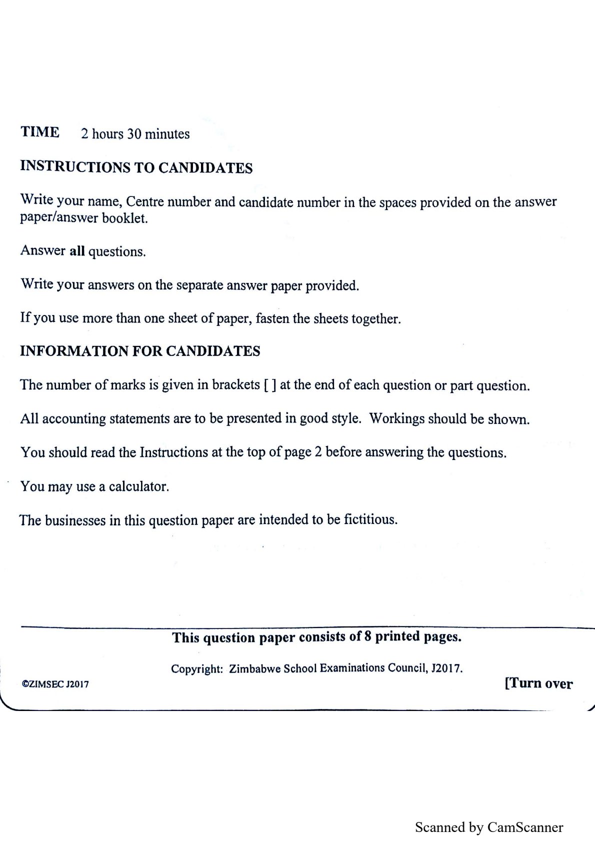 First page of ZIMSEC O-Level Principles of Accounts Paper 3 June 2017 Question Paper