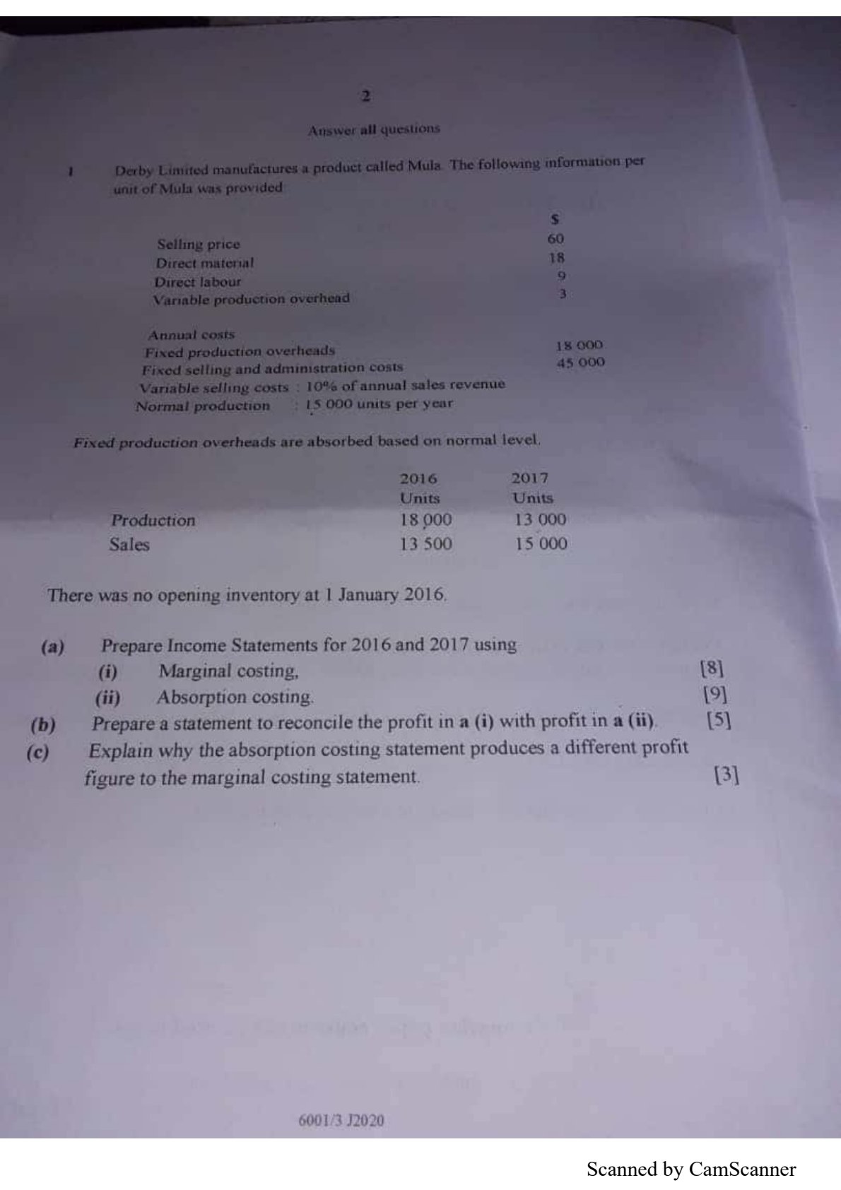 First page of ZIMSEC O-Level Principles of Accounts Paper 3 June 2020 Question Paper