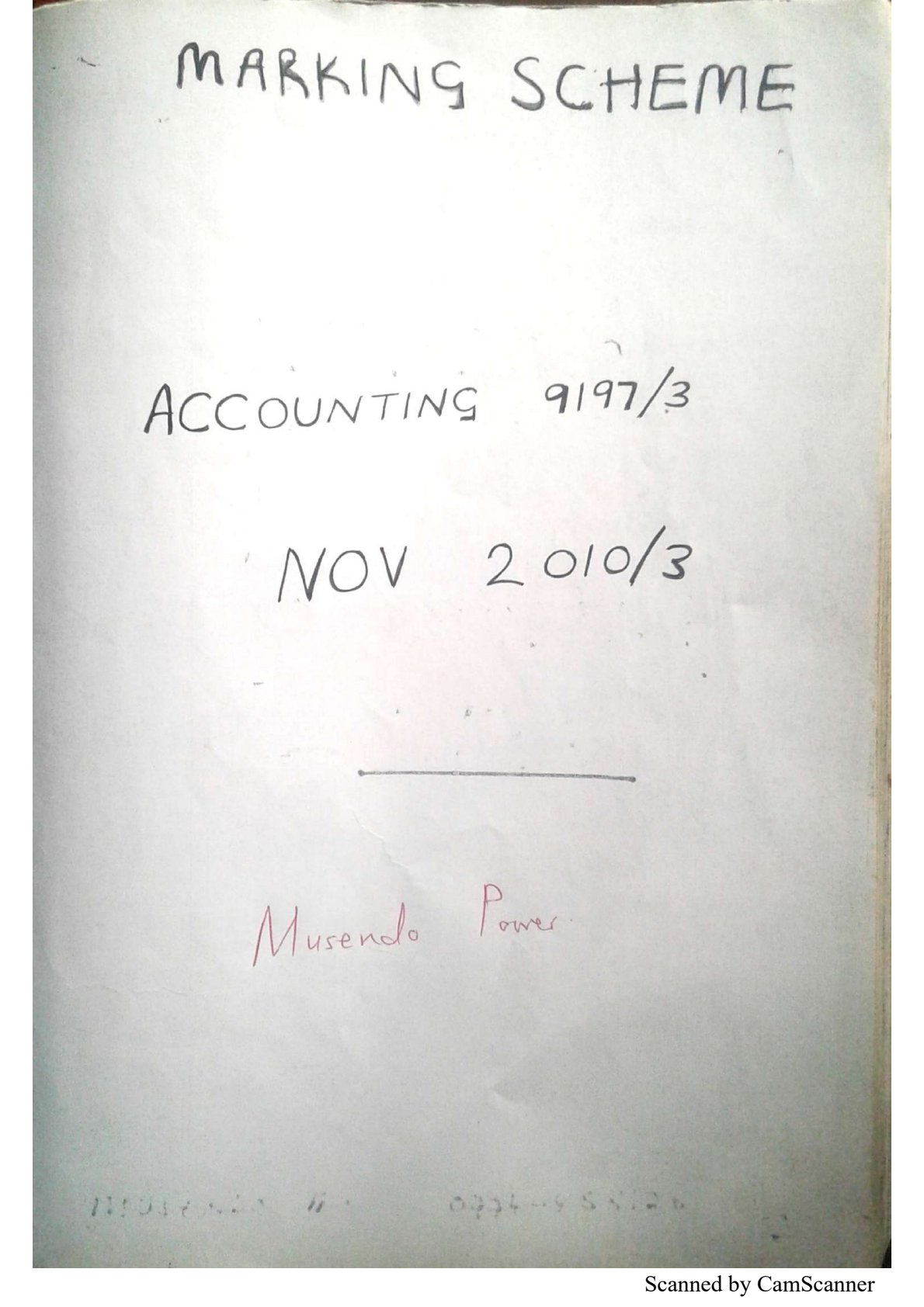First page of ZIMSEC O-Level Principles of Accounts Paper 3 November 2010 Marking Scheme