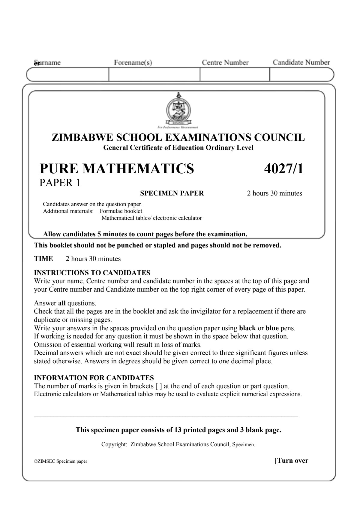 First page of ZIMSEC O-Level Pure Mathematics Paper 1 Specimen Question Paper
