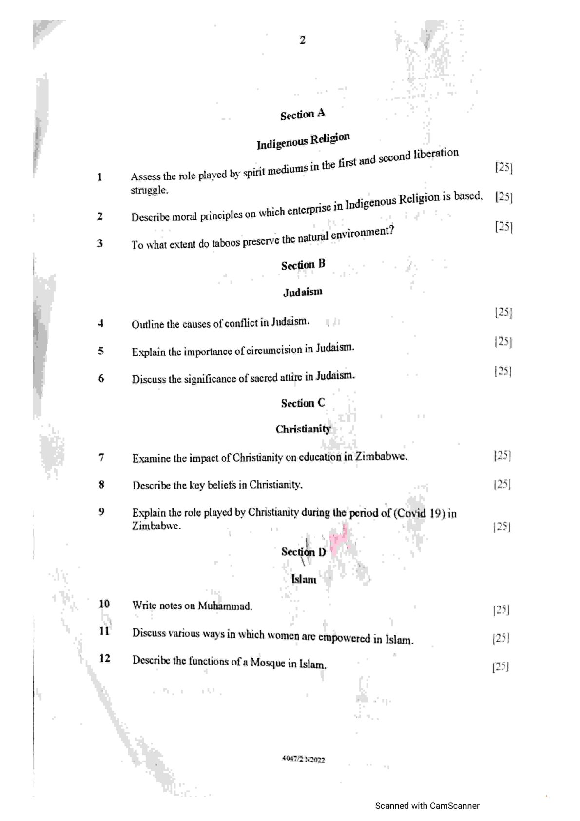 First page of ZIMSEC O-Level Religious Studies November 2022 Question Paper