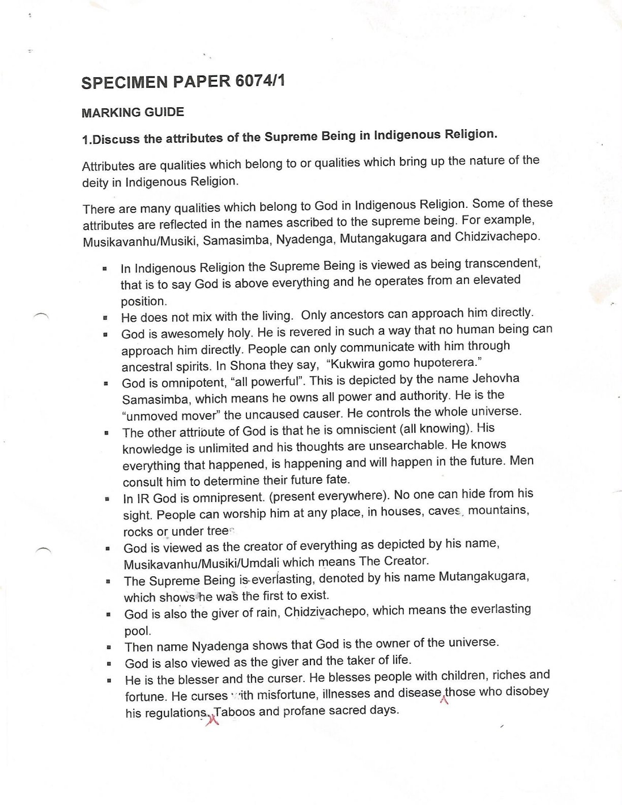 First page of ZIMSEC O-Level Religious Studies Paper 1 Marking Scheme