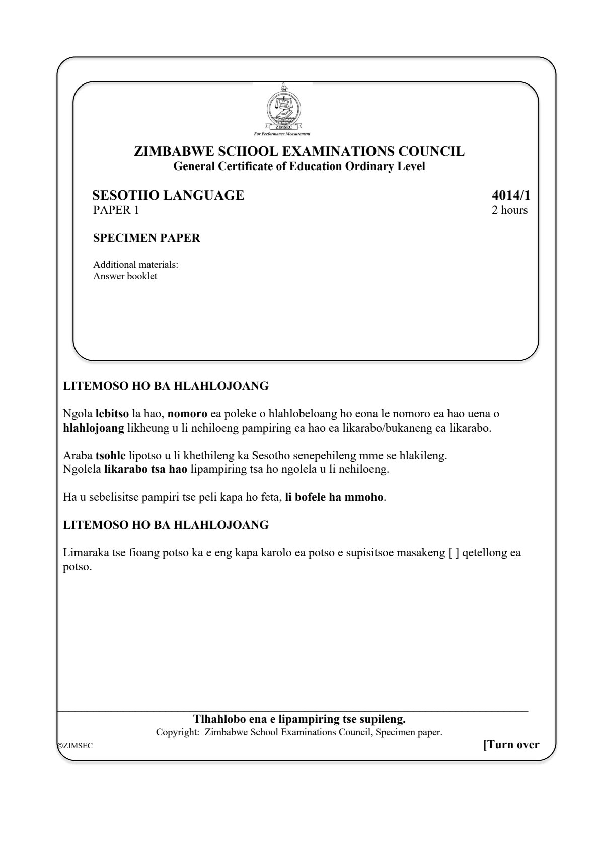 First page of ZIMSEC O-Level Sesotho Language Paper 1 Question Paper