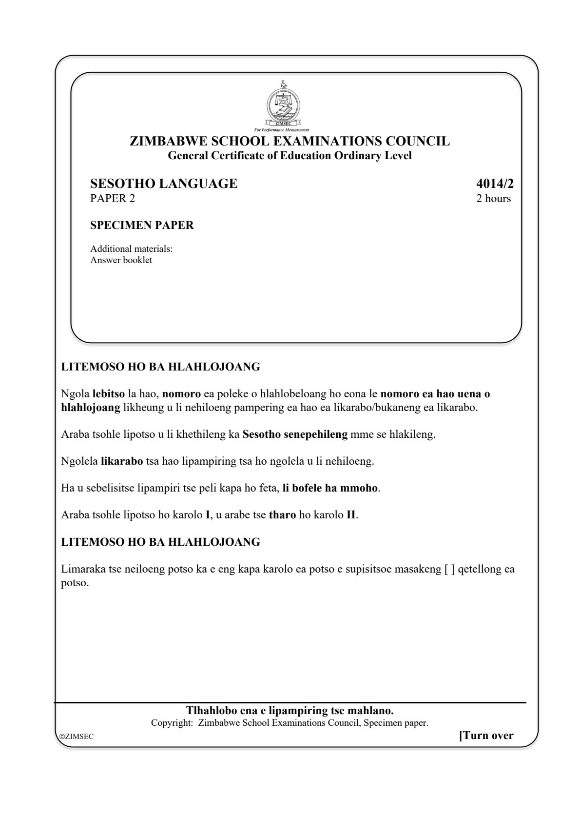 First page of ZIMSEC O-Level Sesotho Language Paper 2 Question Paper