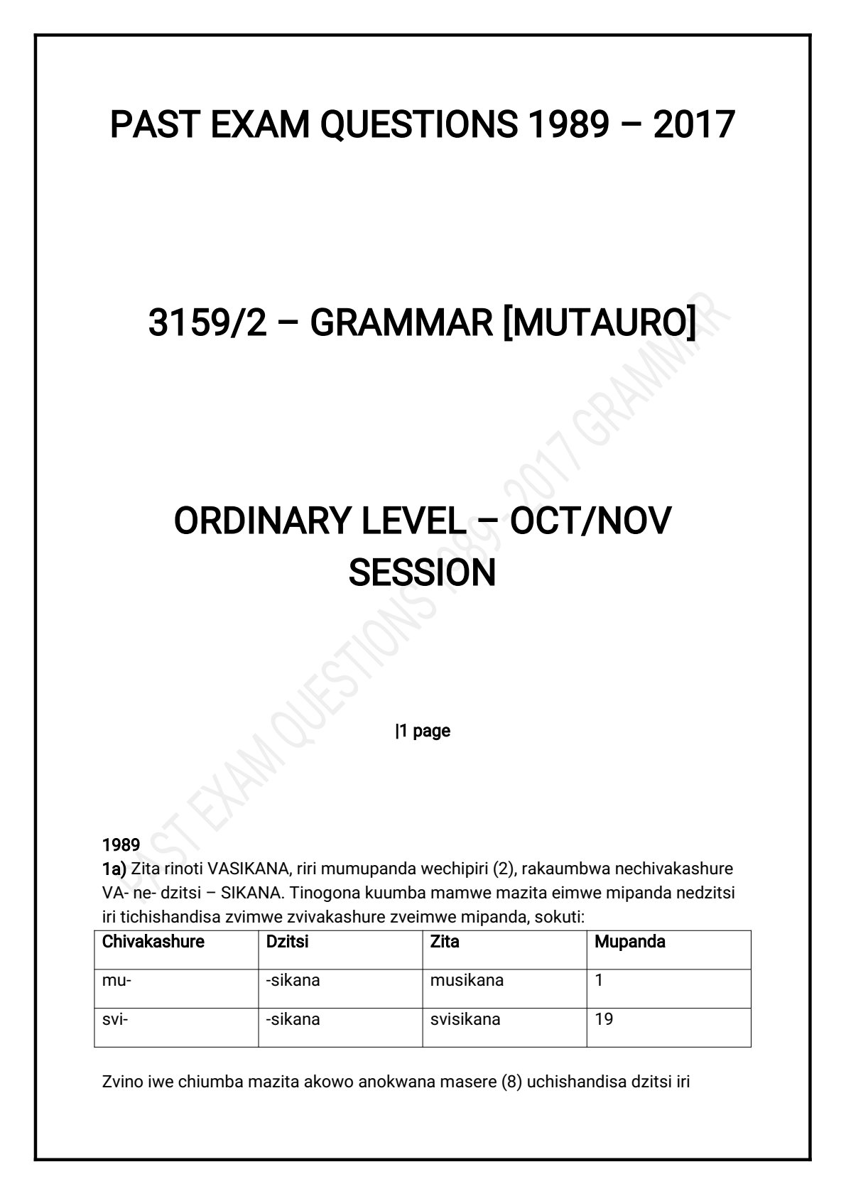 First page of ZIMSEC O-Level Shona 1989-2017 Study Guide