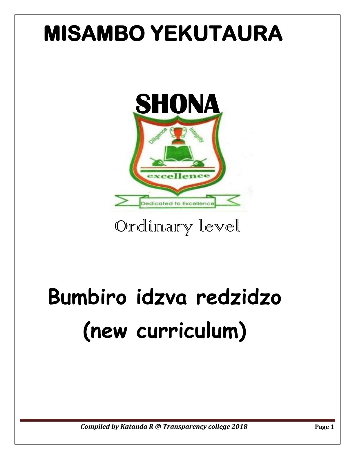 First page of ZIMSEC O-Level Shona 2018 Study Guide