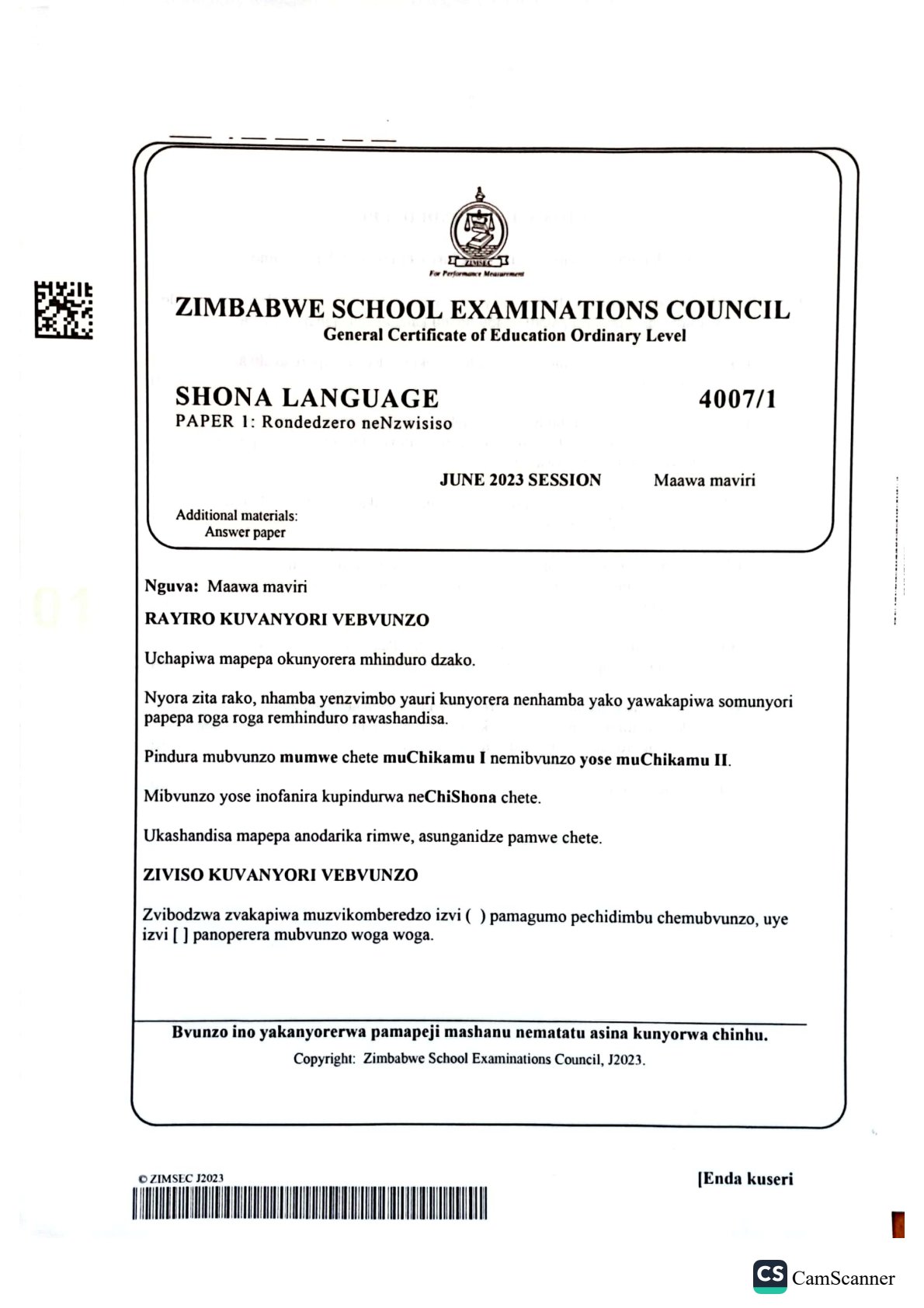 First page of ZIMSEC O-Level Shona Language Paper 1 June 2023 Question Paper