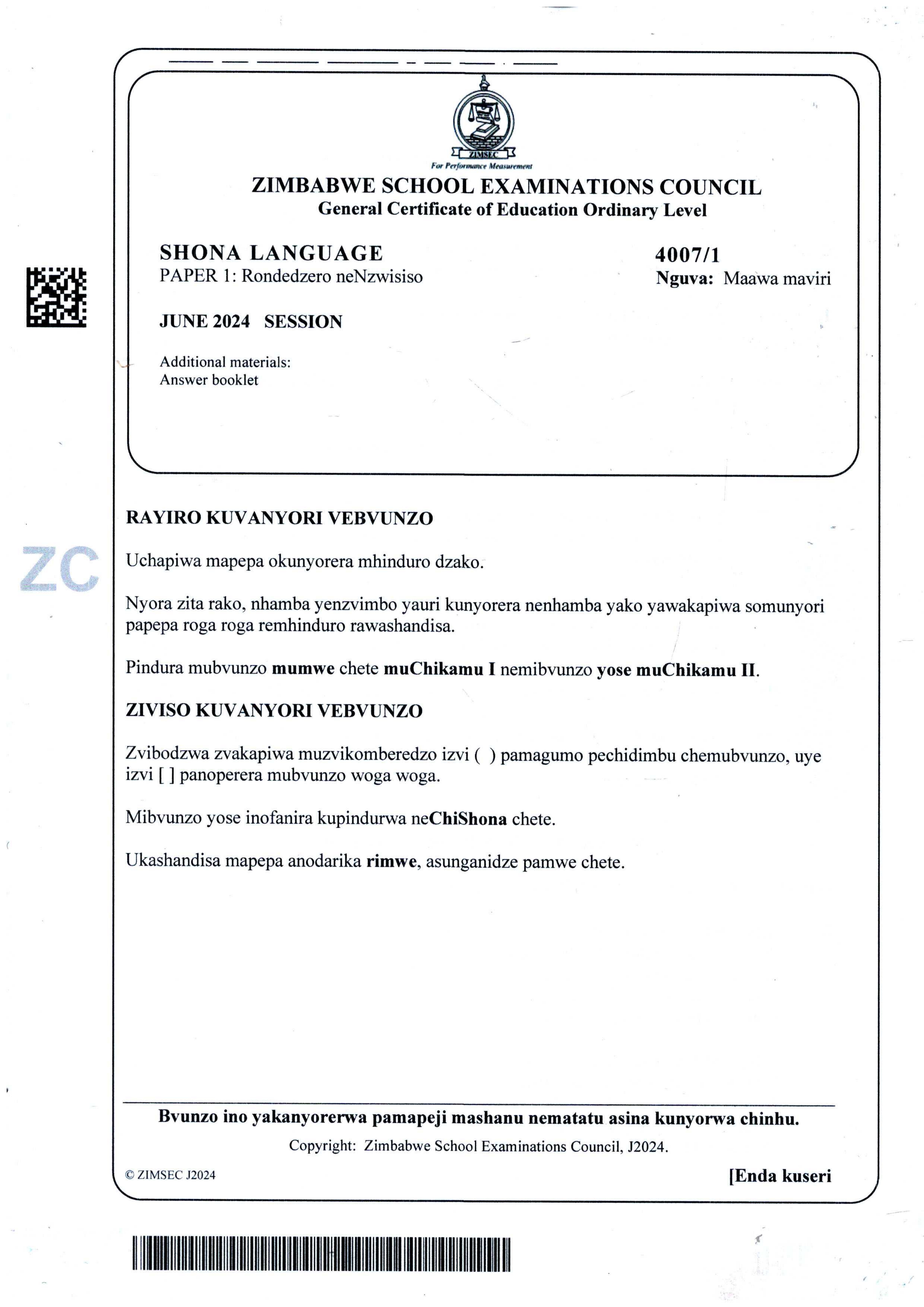 First page of ZIMSEC O-Level Shona Language Paper 1 June 2024 Question Paper