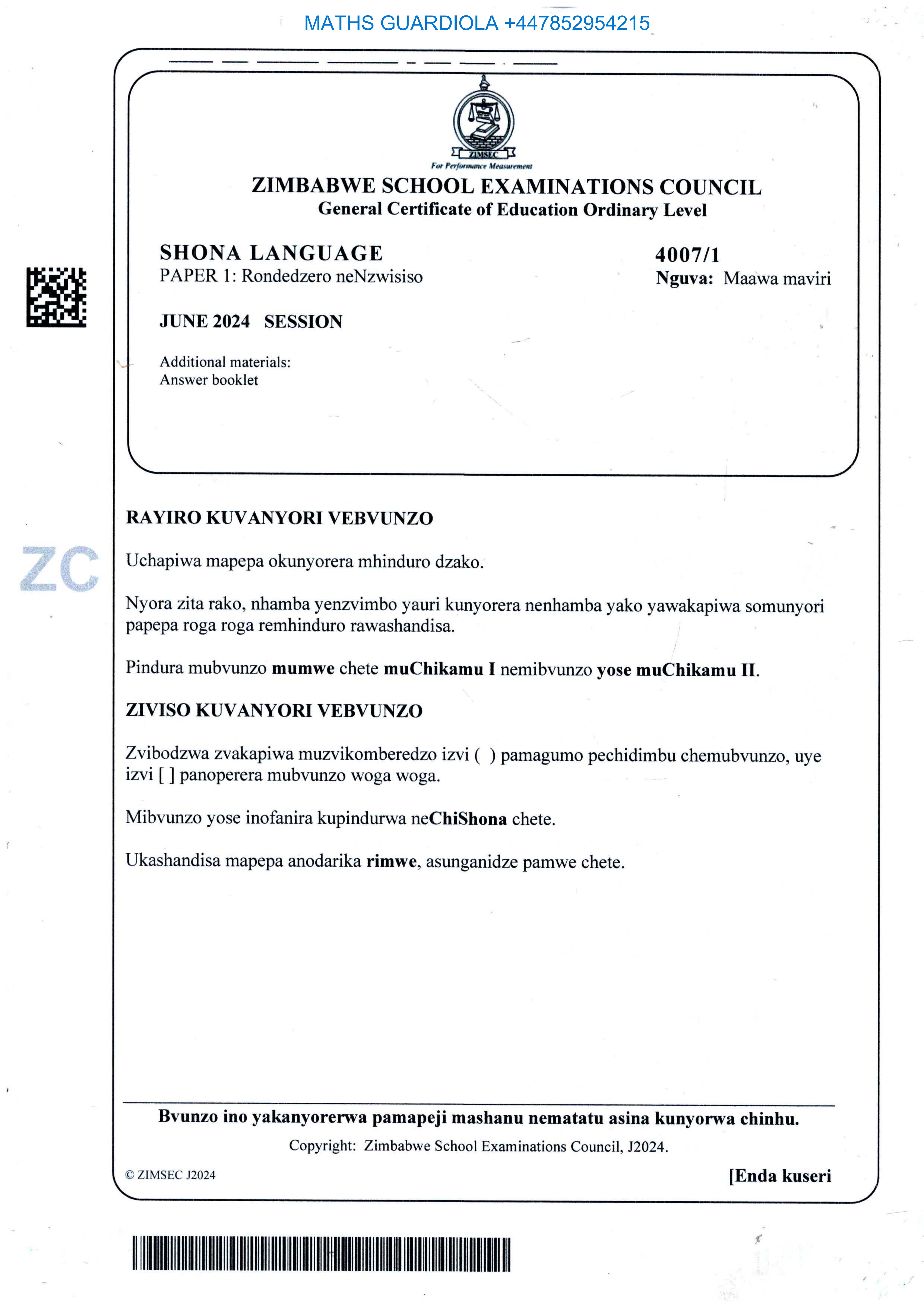 First page of ZIMSEC O-Level Shona Paper 1 June 2024 Question Paper