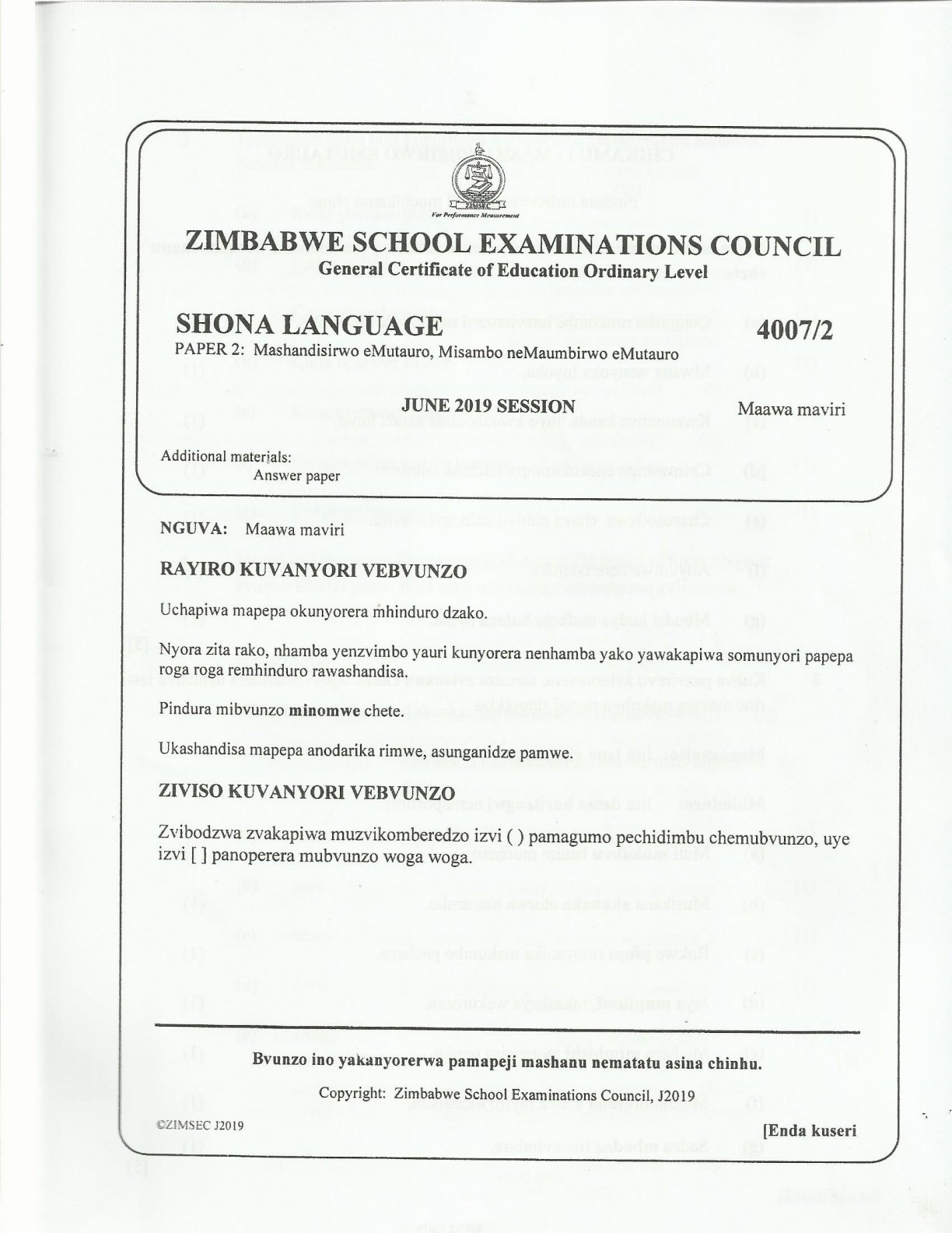 First page of ZIMSEC O-Level Shona Paper 2 June 2019 Question Paper