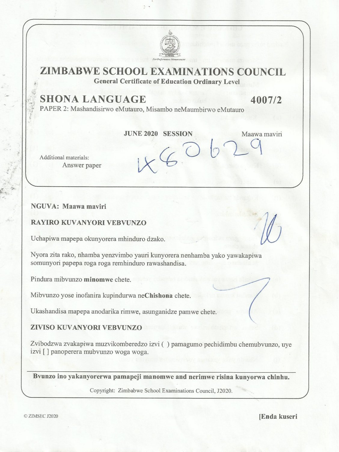 First page of ZIMSEC O-Level Shona Paper 2 June 2020 Question Paper