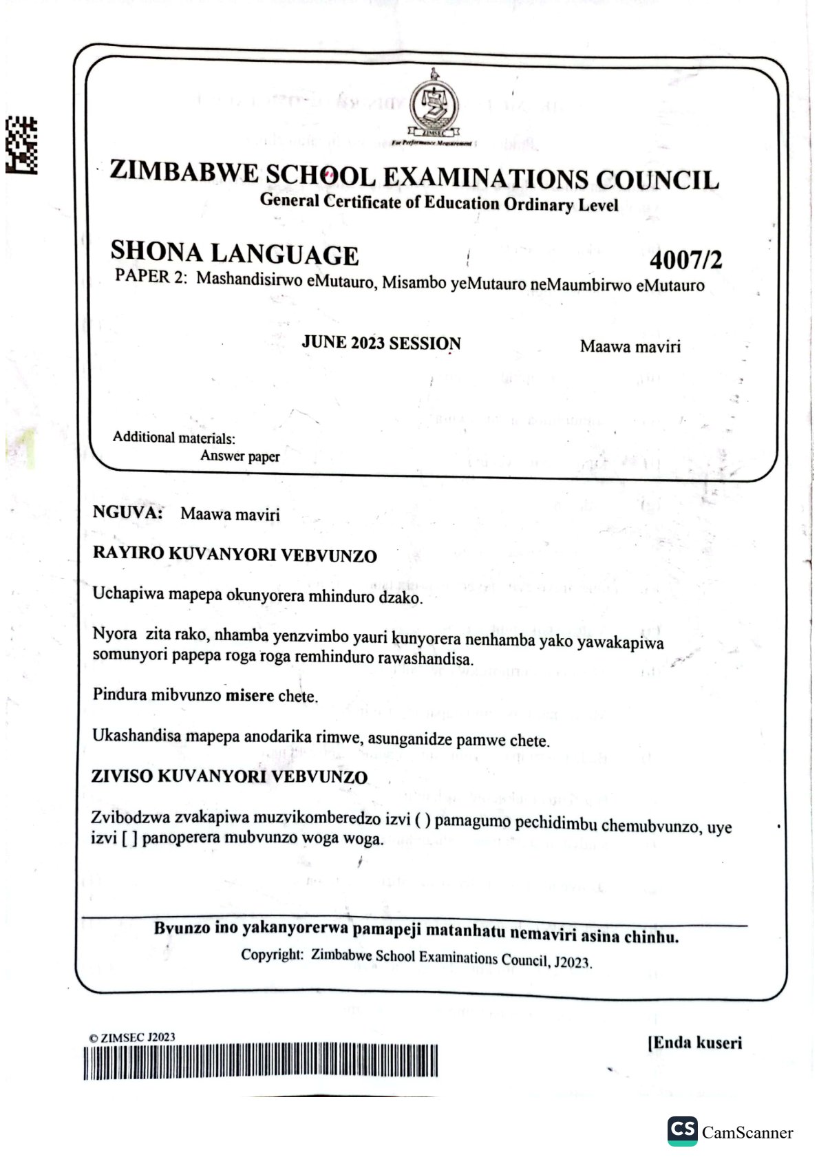 First page of ZIMSEC O-Level Shona Paper 2 June 2023 Question Paper