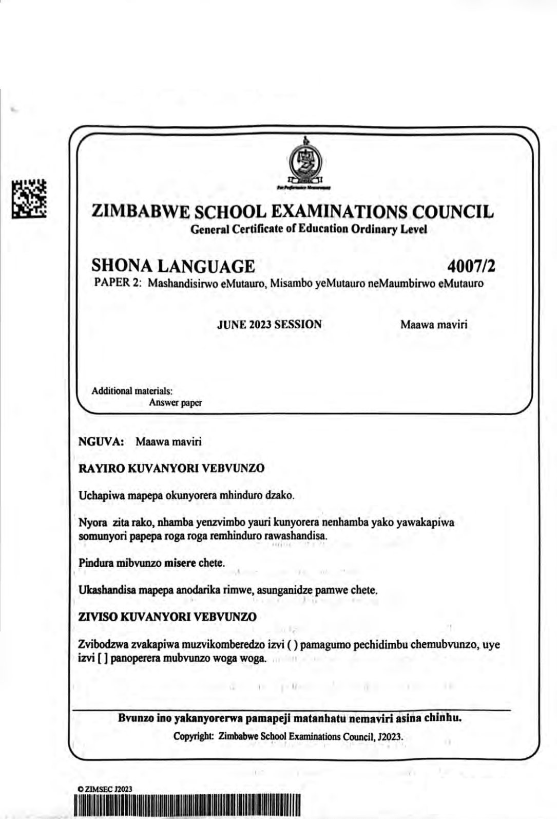 First page of ZIMSEC O-Level Shona Paper 2 June 2023 Question Paper