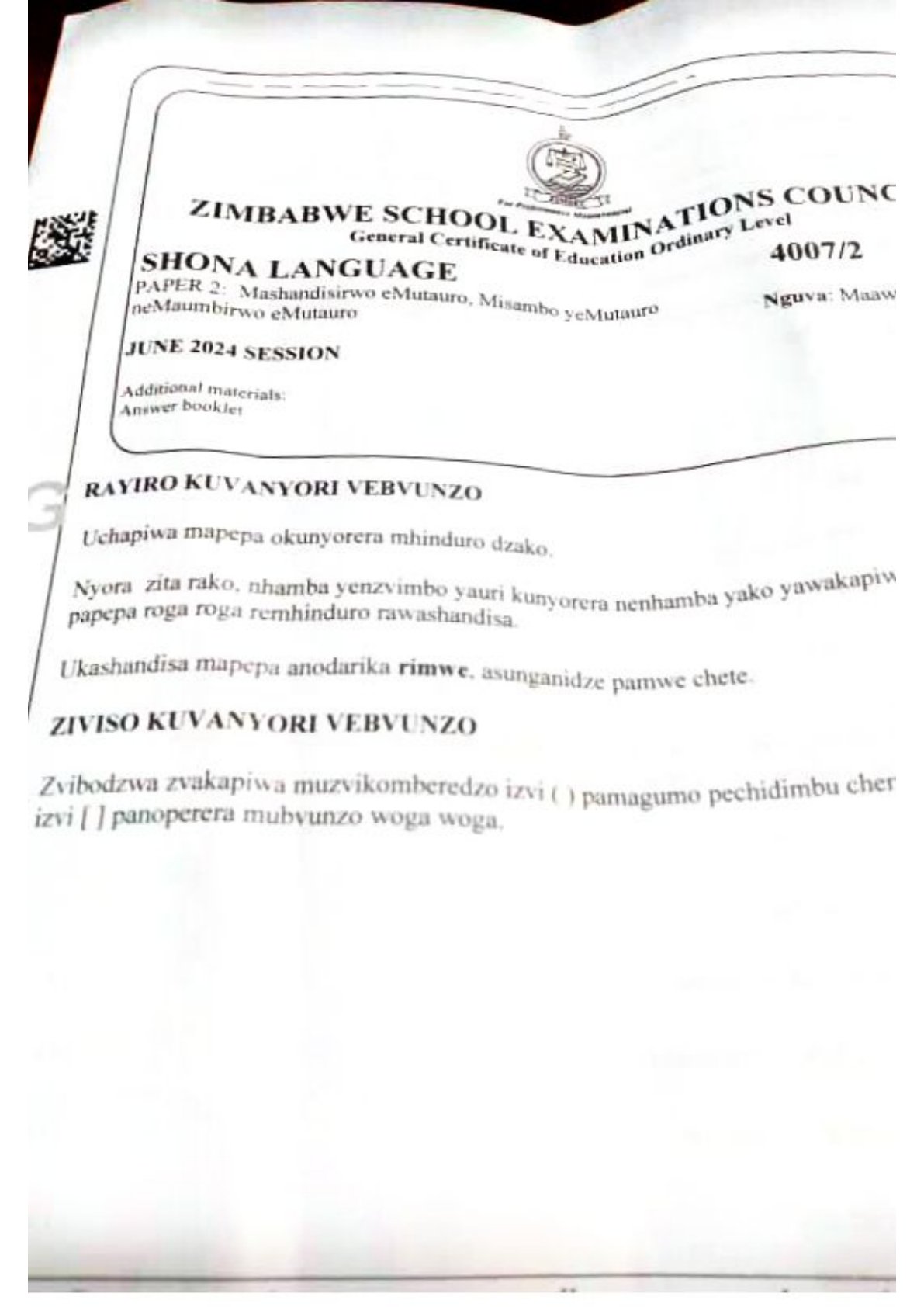 First page of ZIMSEC O-Level Shona Paper 2 June 2024 Question Paper