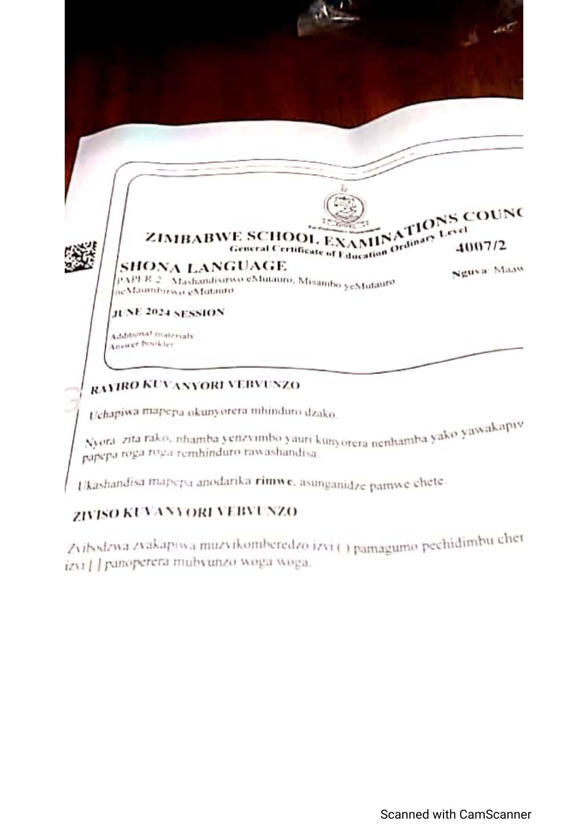 First page of ZIMSEC O-Level Shona Paper 2 June 2024 Question Paper