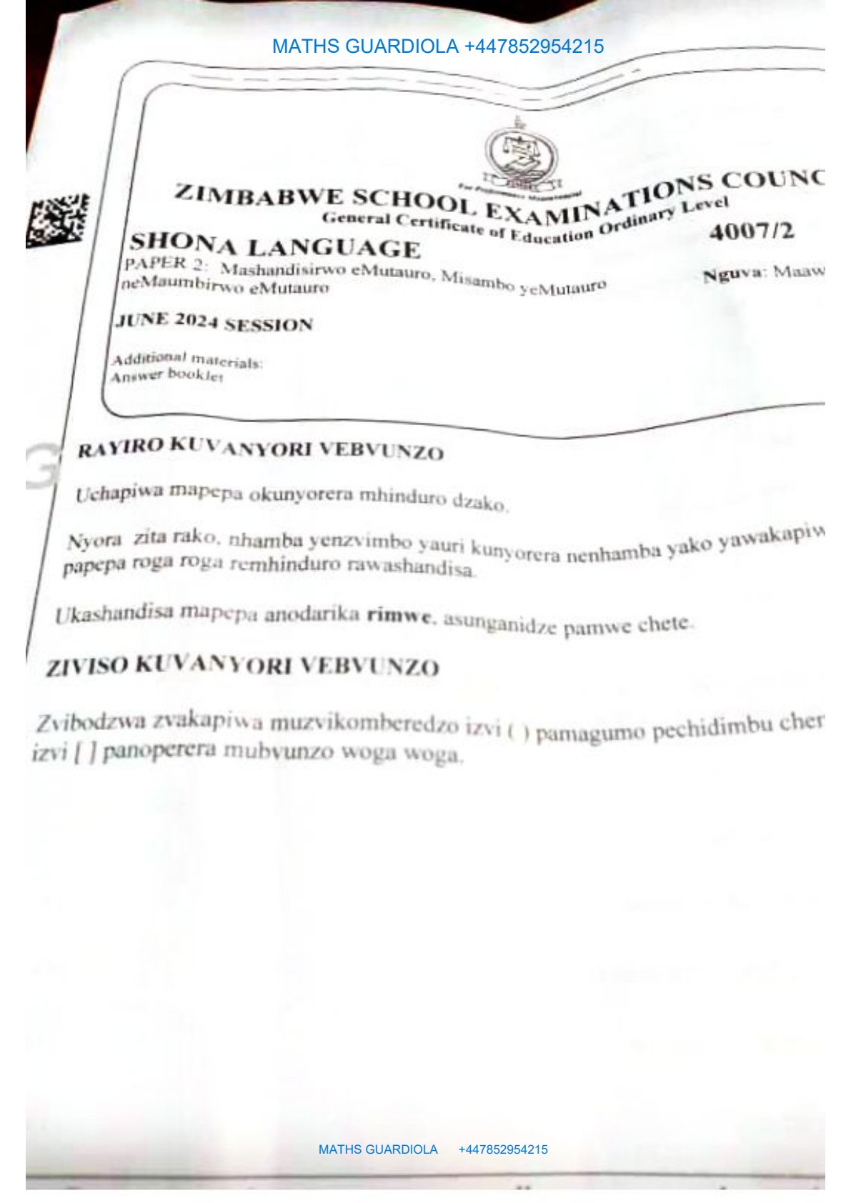 First page of ZIMSEC O-Level Shona Paper 2 June 2024 Question Paper