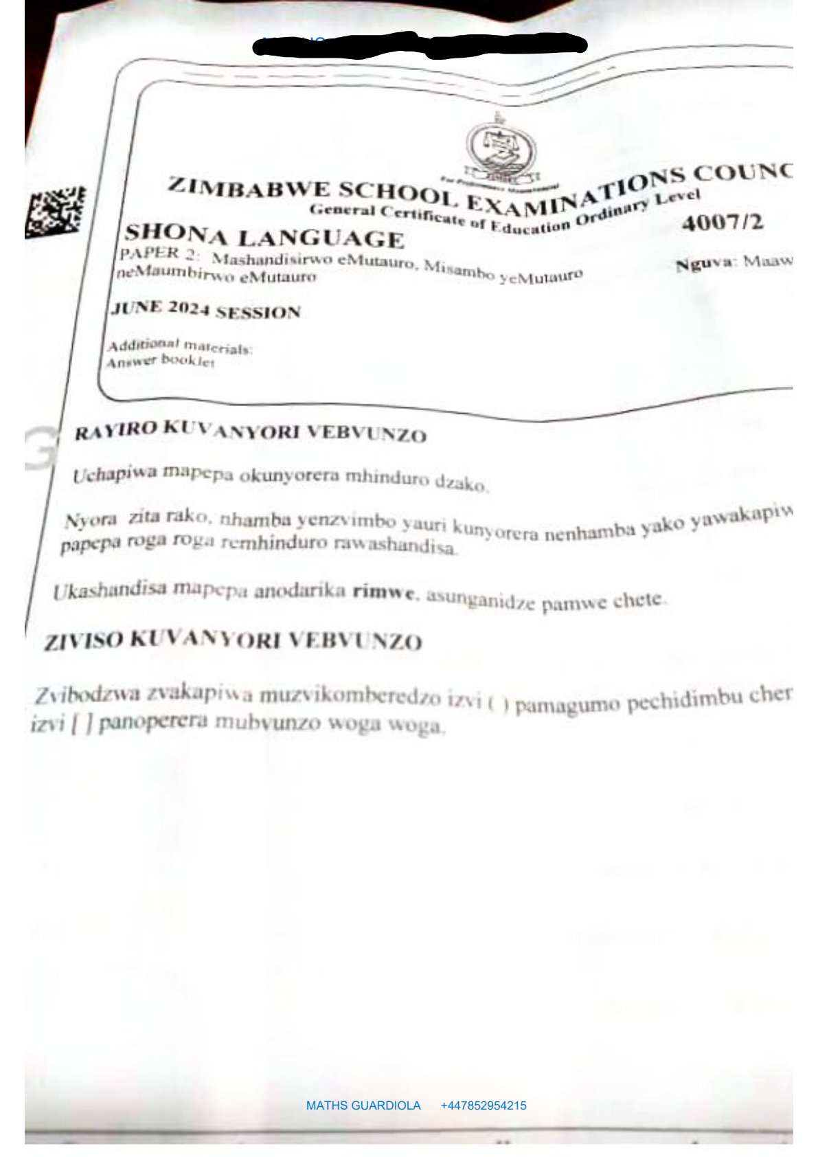 First page of ZIMSEC O-Level Shona Paper 2 June 2024 Question Paper