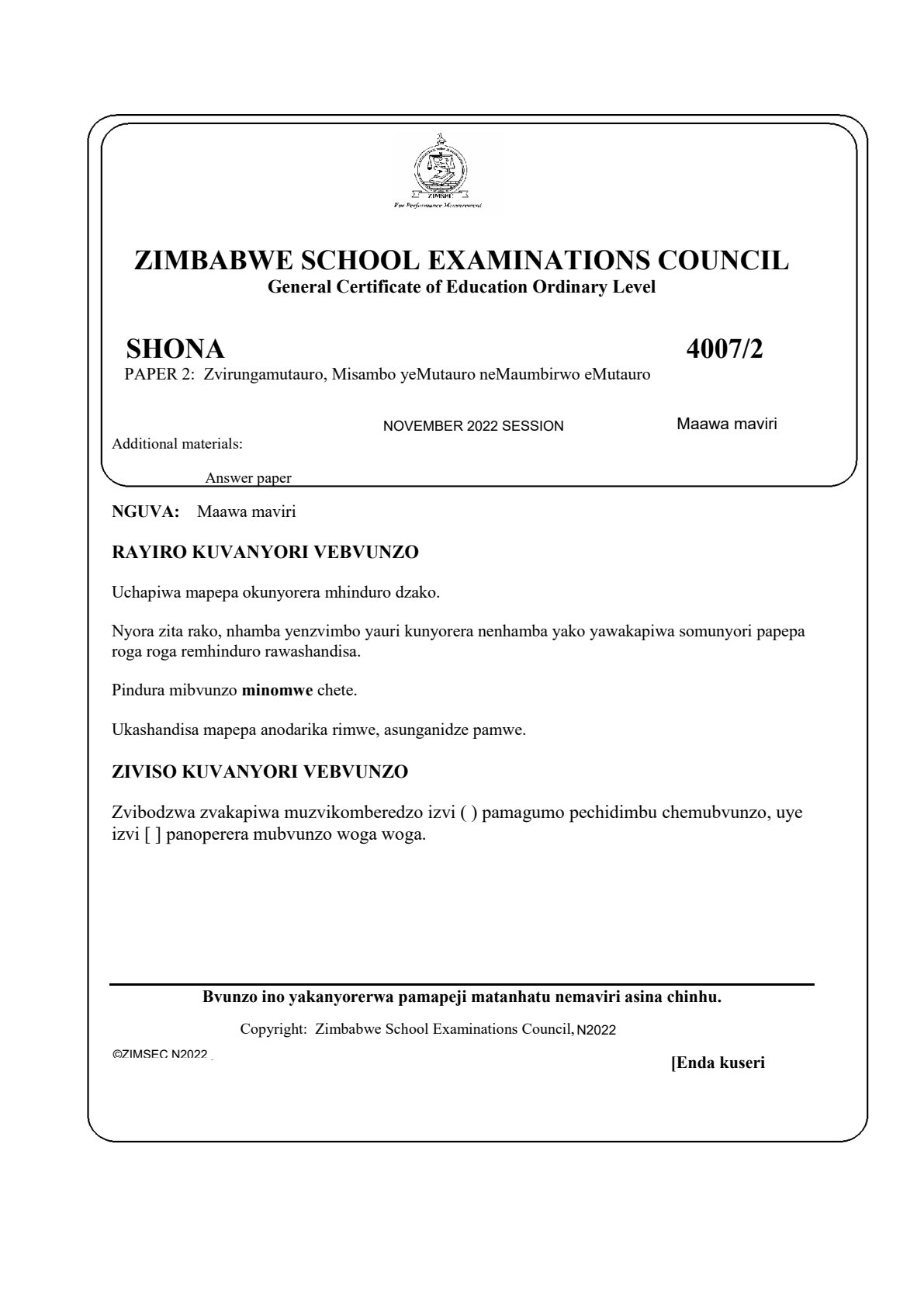 First page of ZIMSEC O-Level Shona Paper 2 November 2022 Question Paper