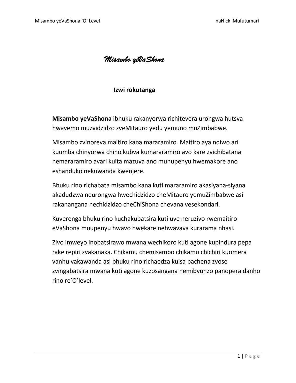 First page of ZIMSEC O-Level Shona Study Guide