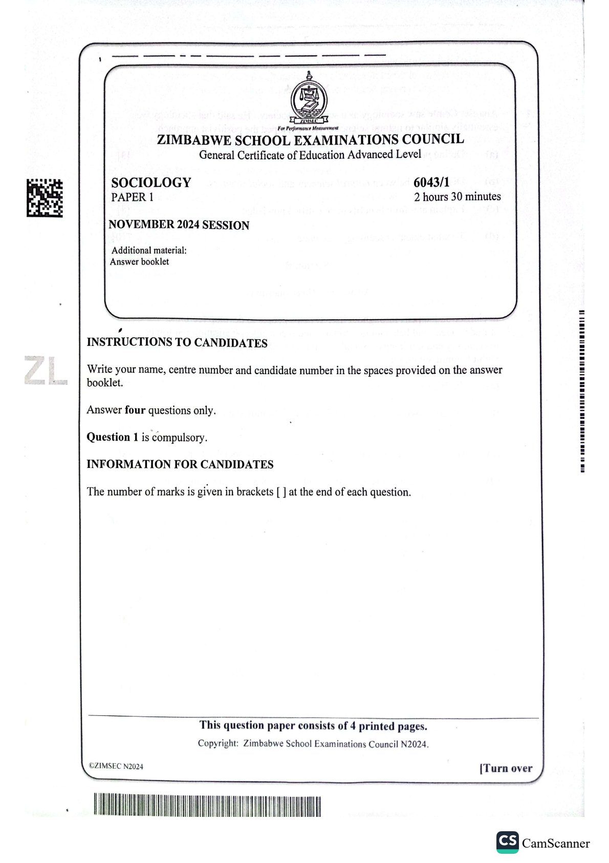 First page of ZIMSEC O-Level Sociology Paper 1 November 2024 Question Paper